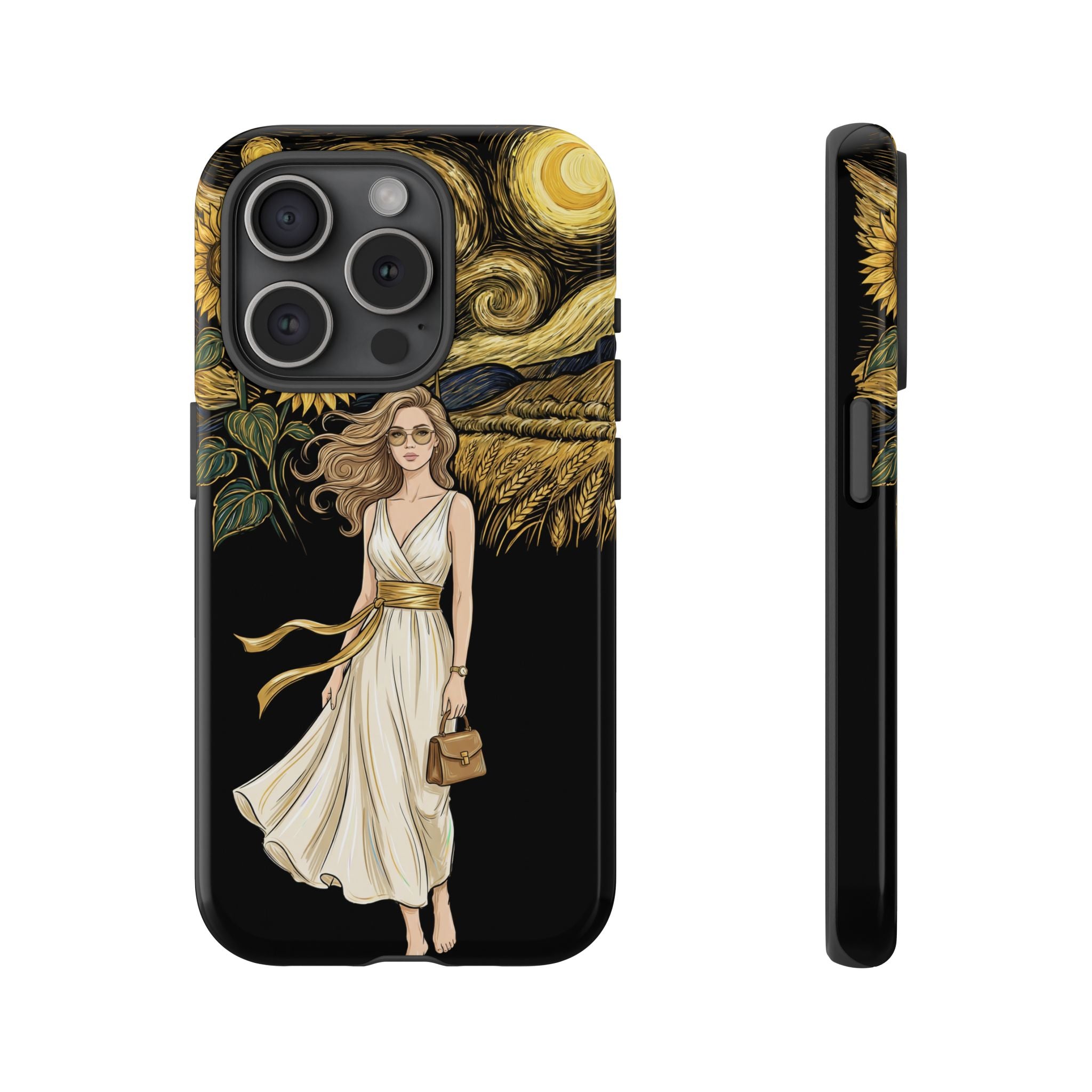 Sunflower Night iPhone Case | Woman in Flowing Dress Van Gogh Style