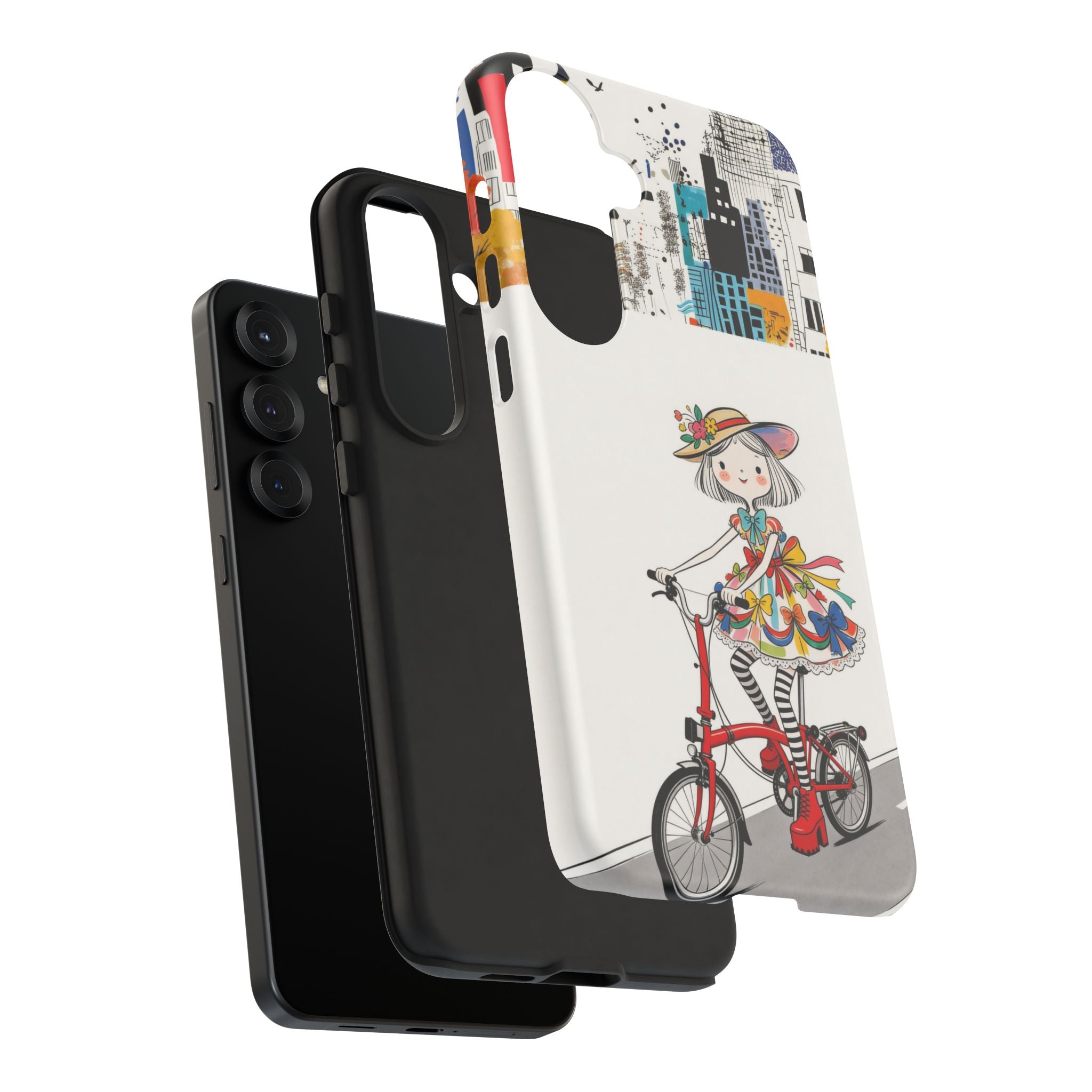 Whimsical Girl on Brompton Bicycle Urban Illustration Samsung Galaxy Phone Case