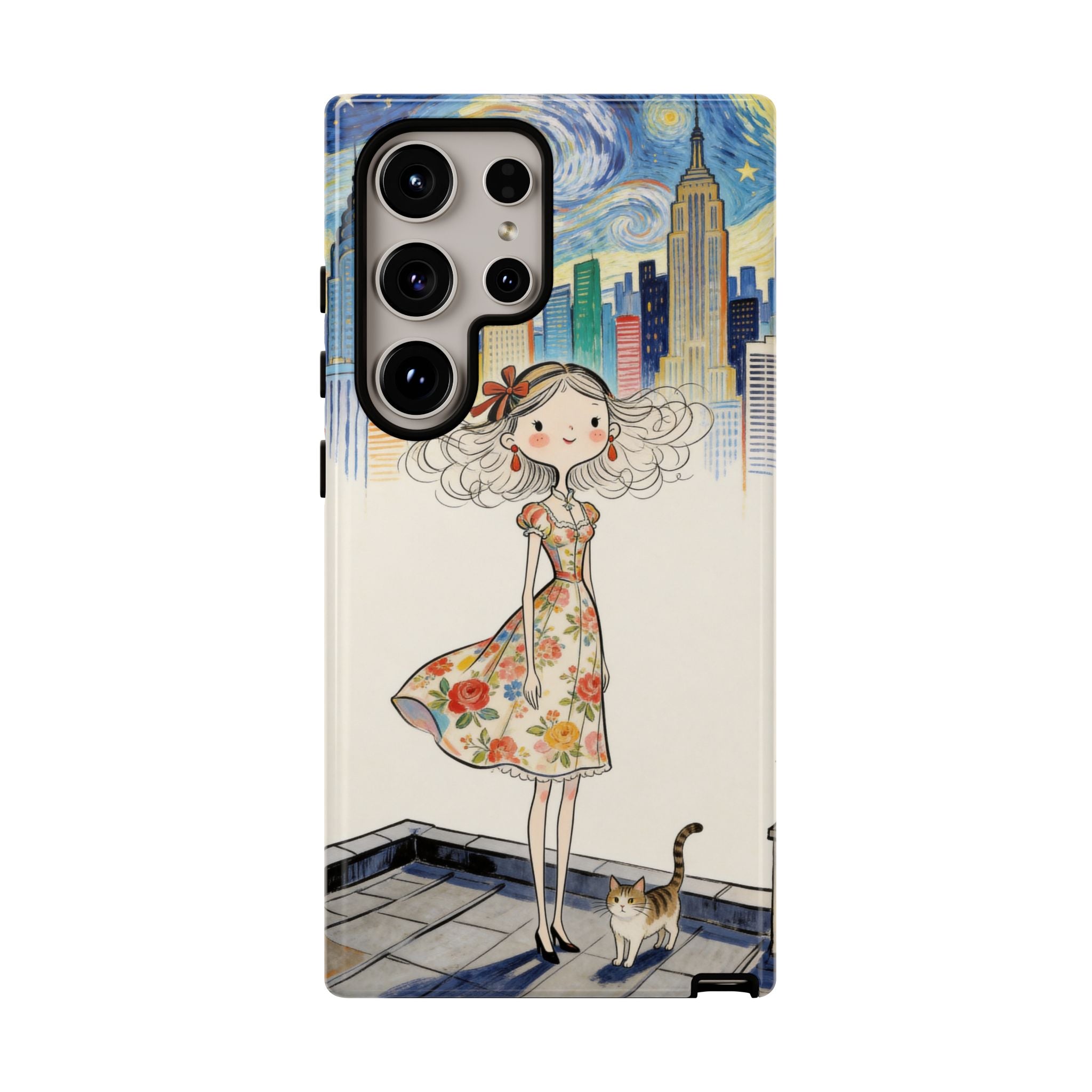Artistic Girl Cityscape Samsung Galaxy Phone Case | Cute Floral Dress Rooftop Design