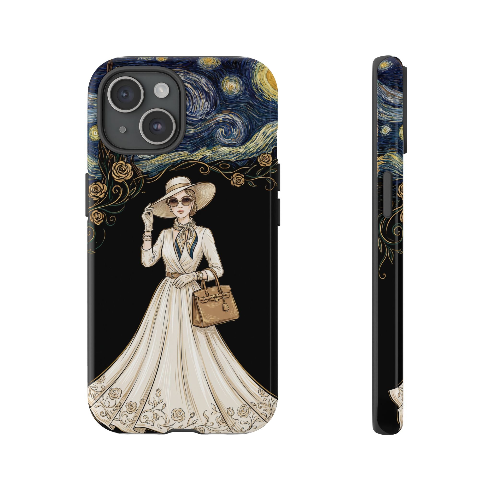 Vintage Starry Night Fashion iPhone Case | Elegant Lady in White Dress