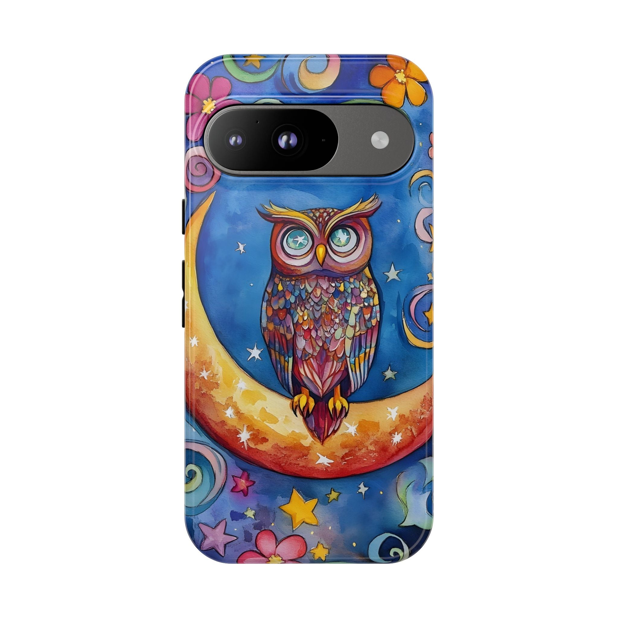 Owl on Crescent Moon Google Pixel Case — Colourful Whimsical Night Sky Design