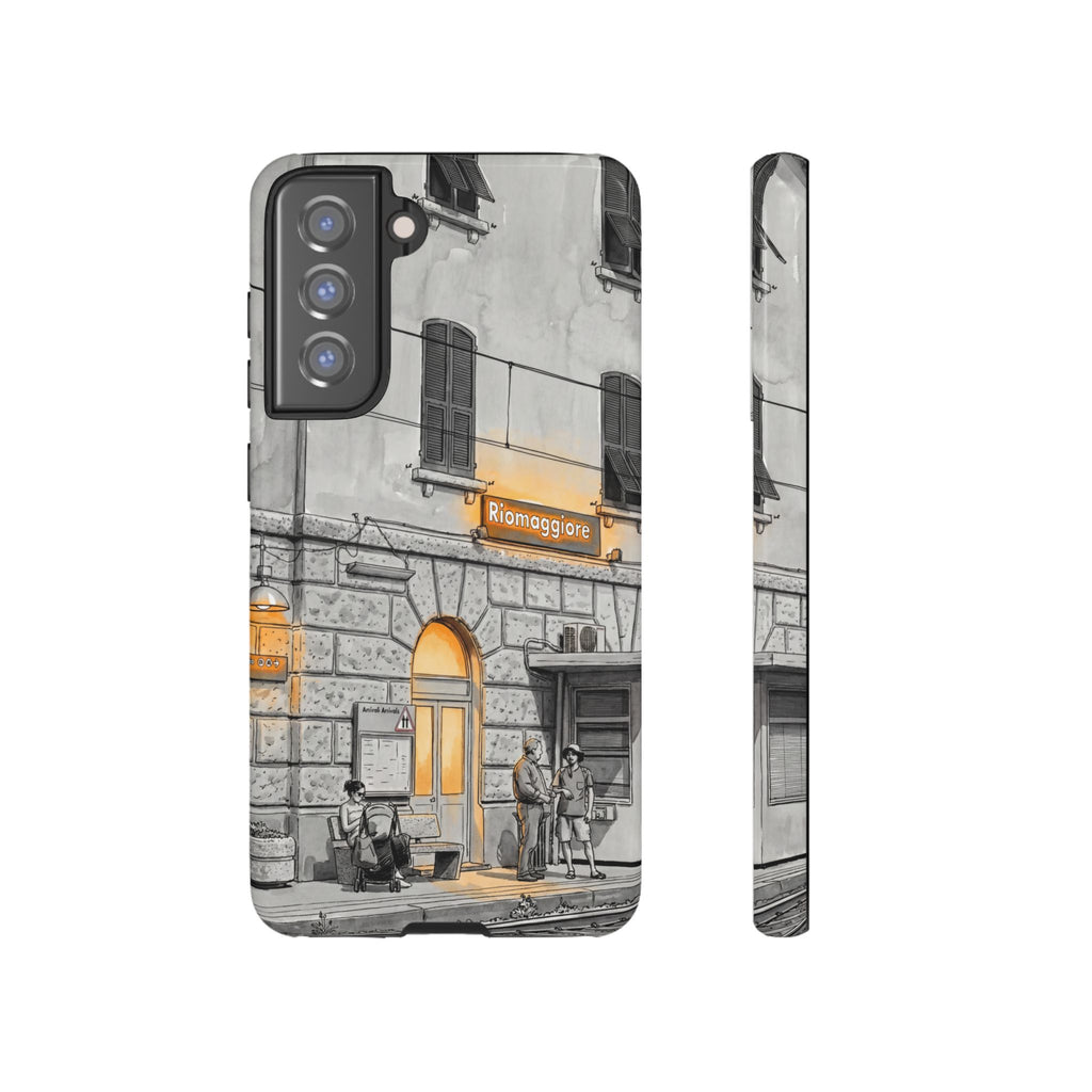 Custodia per Samsung Galaxy con stazione ferroviaria Cinque Terre | Schizzo in bianco e nero con accenti gialli caldi