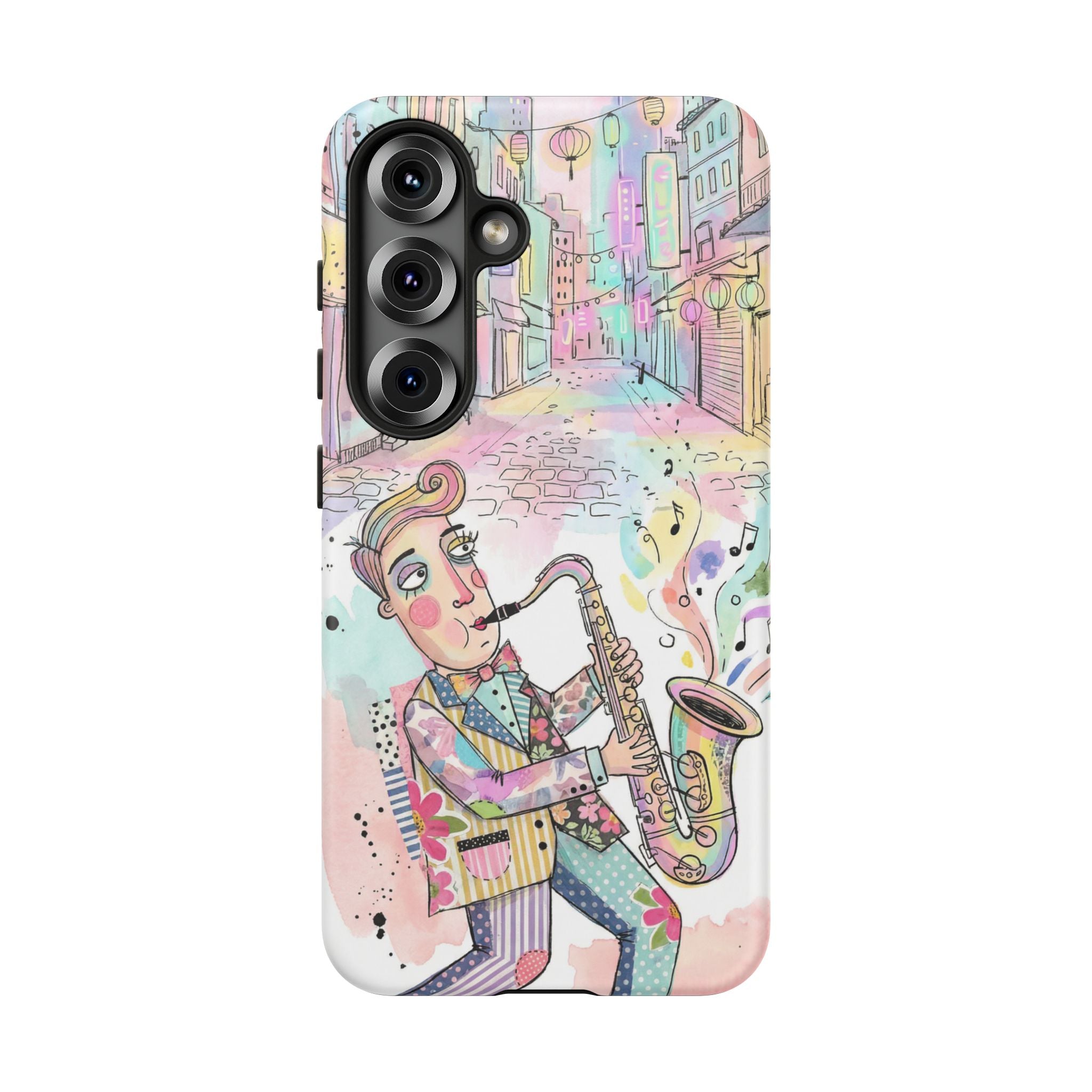 Sax Player Art Samsung Galaxy Phone Case | Pastel Jazz Street Illustration