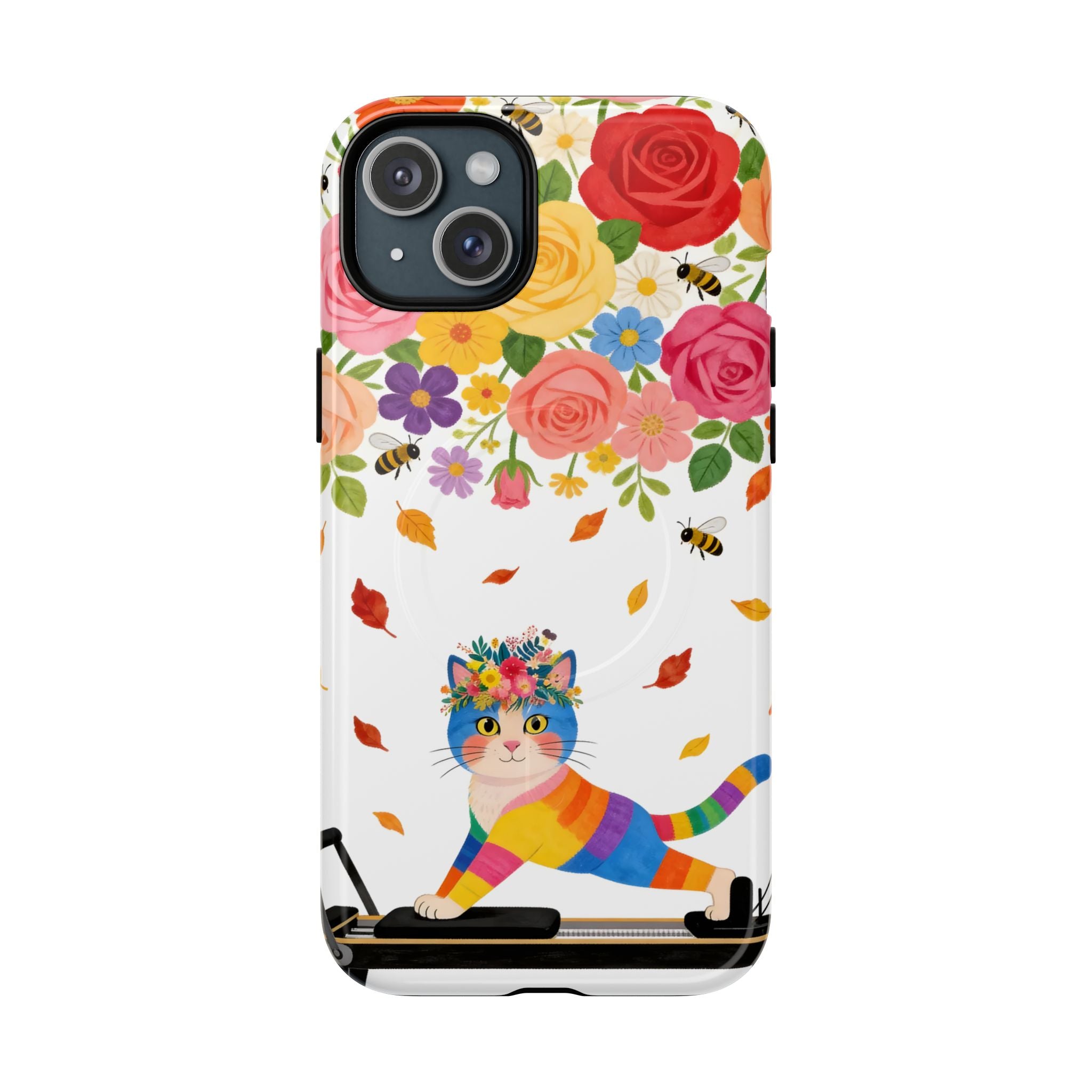 Floral Rainbow Cat Tough MagSafe iPhone Case — Colorful Pilates Cat Design