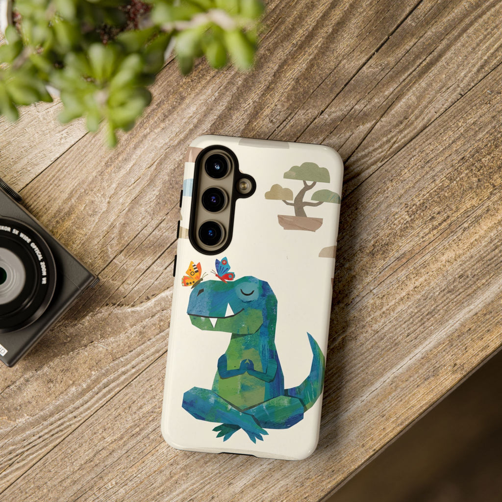 Meditating Dinosaur Samsung Galaxy Phone Case | Cute T-Rex with Butterflies and Bonsai