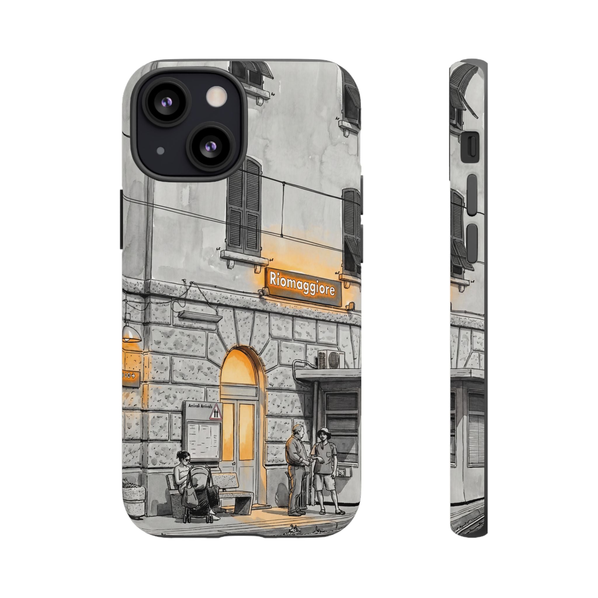 Cinque Terre Train Station iPhone Case | Black & White Sketch with Warm Yellow Accents