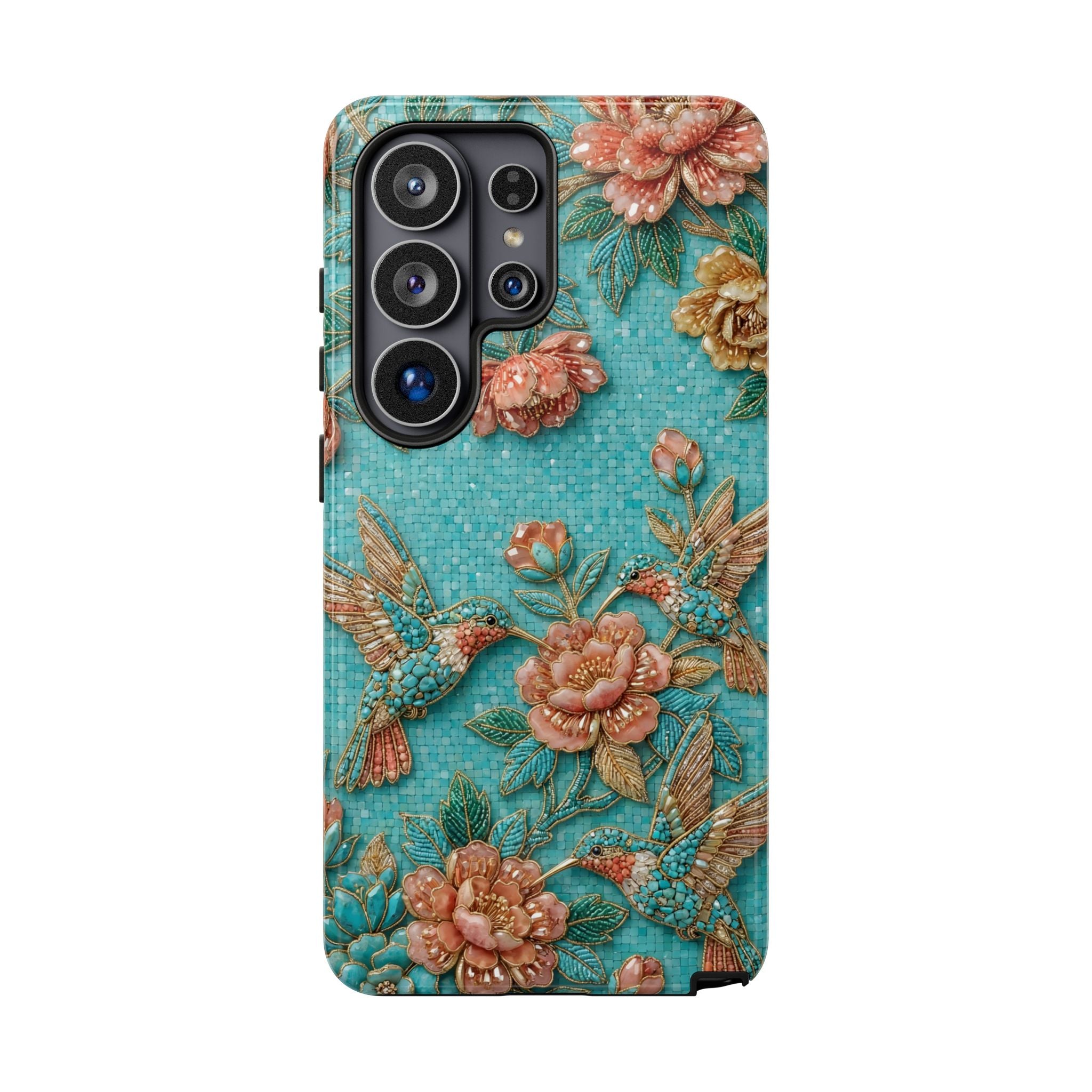 Floral Hummingbird Tough Samsung Galaxy Phone Case | Turquoise Embroidered Garden Design
