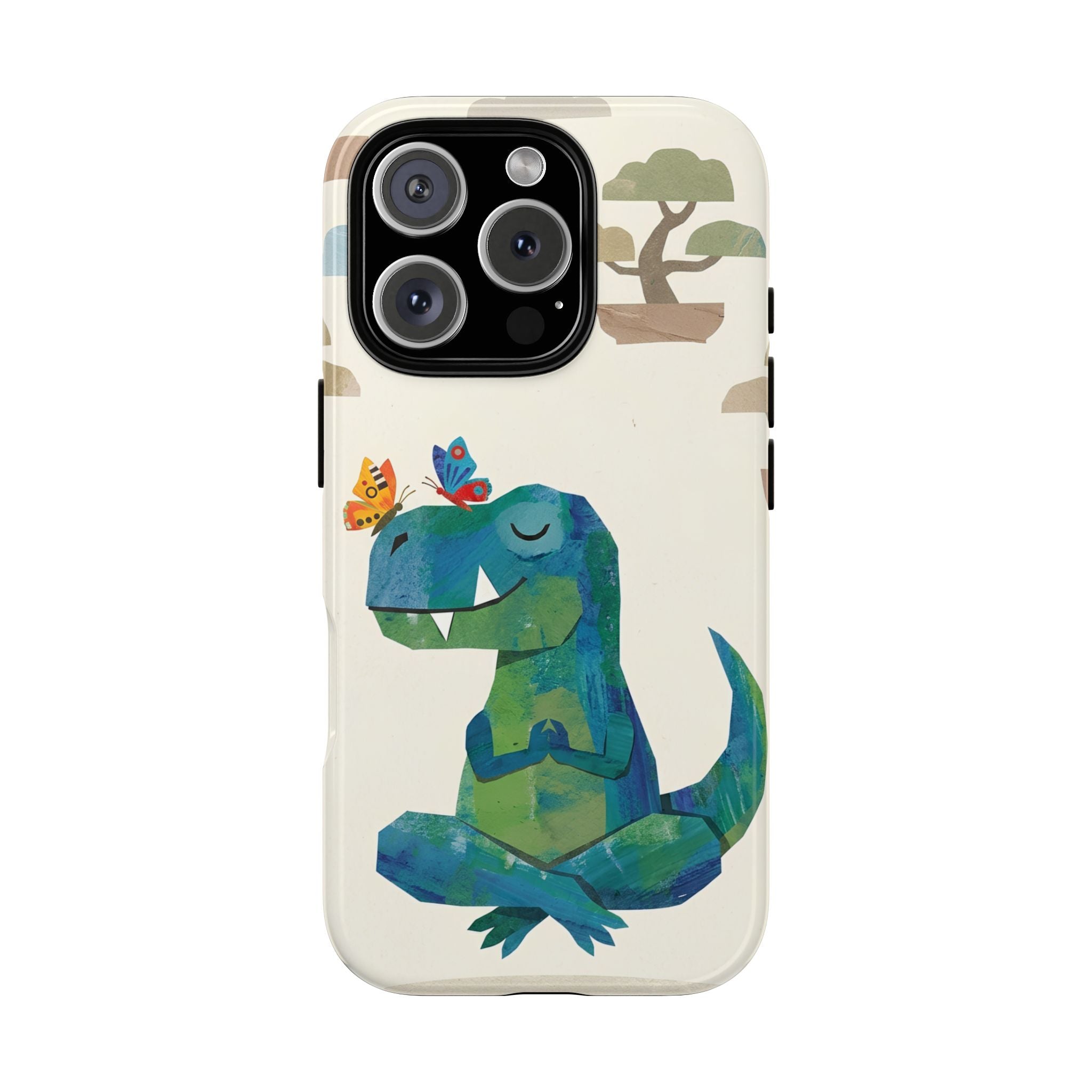 Meditating Dinosaur iPhone Case | Cute T-Rex with Butterflies and Bonsai