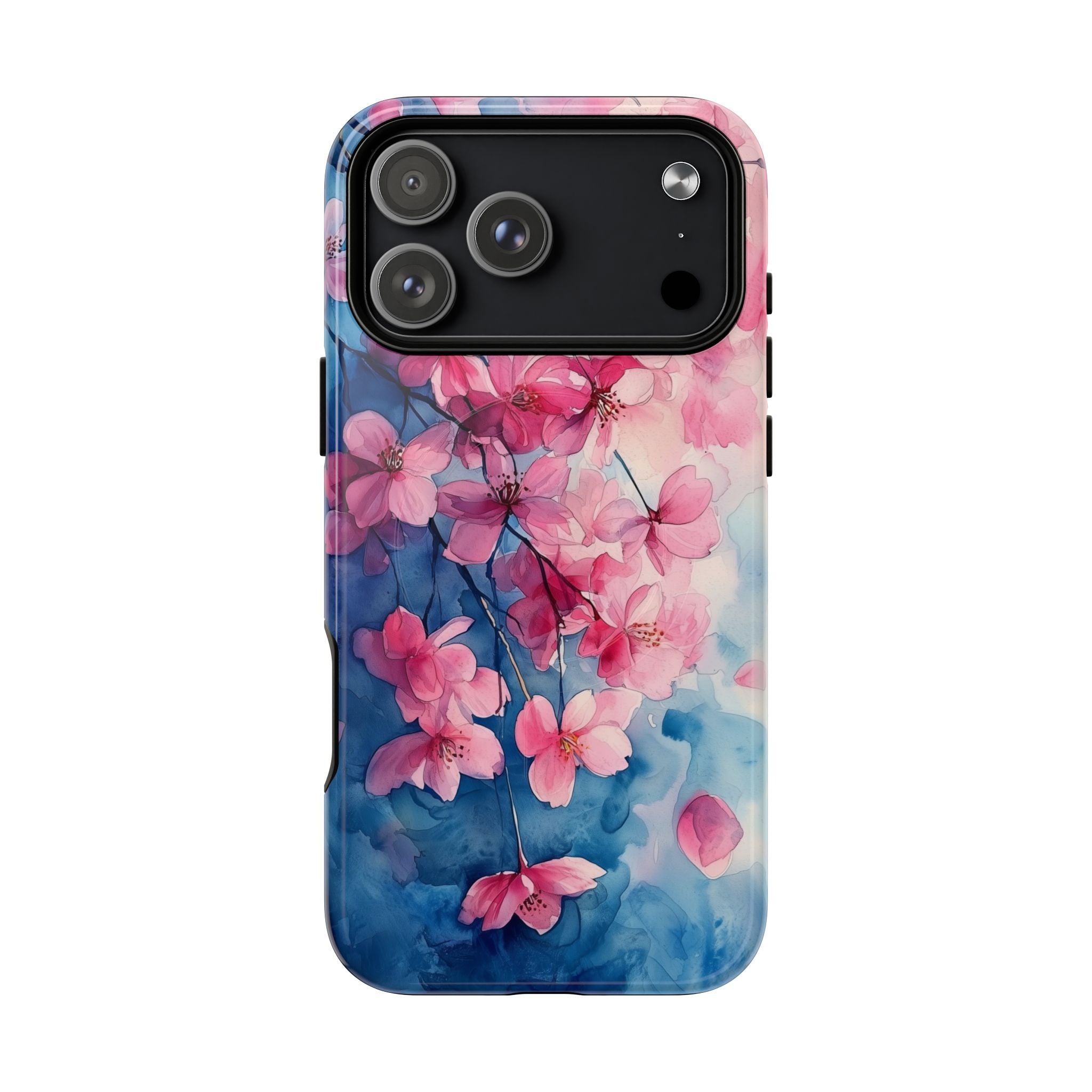 Custodia MagSafe per iPhone con motivo floreale di ciliegio in fiore | Acquerello rosa e blu