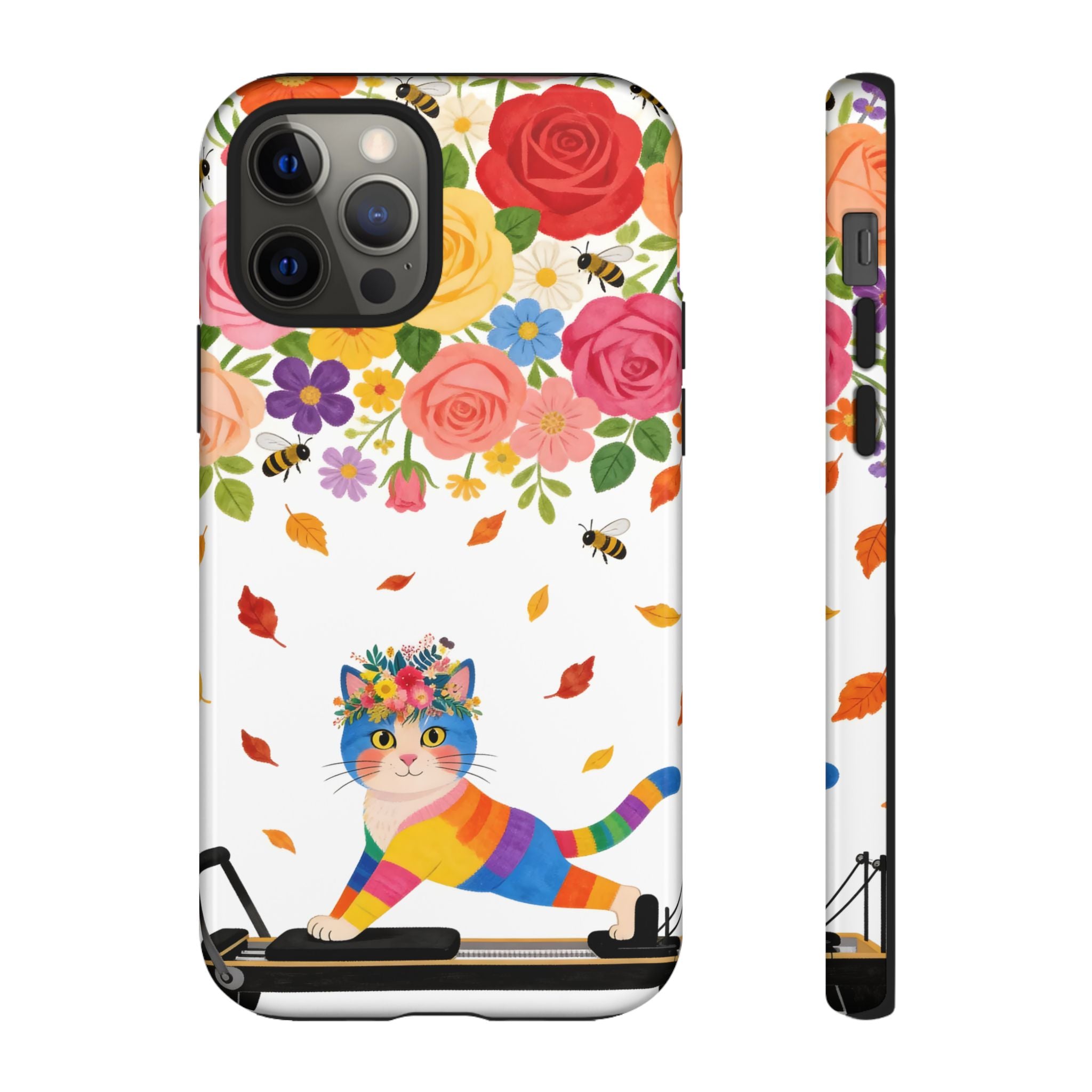 Floral Rainbow Cat Tough iPhone Case — Colorful Pilates Cat Design