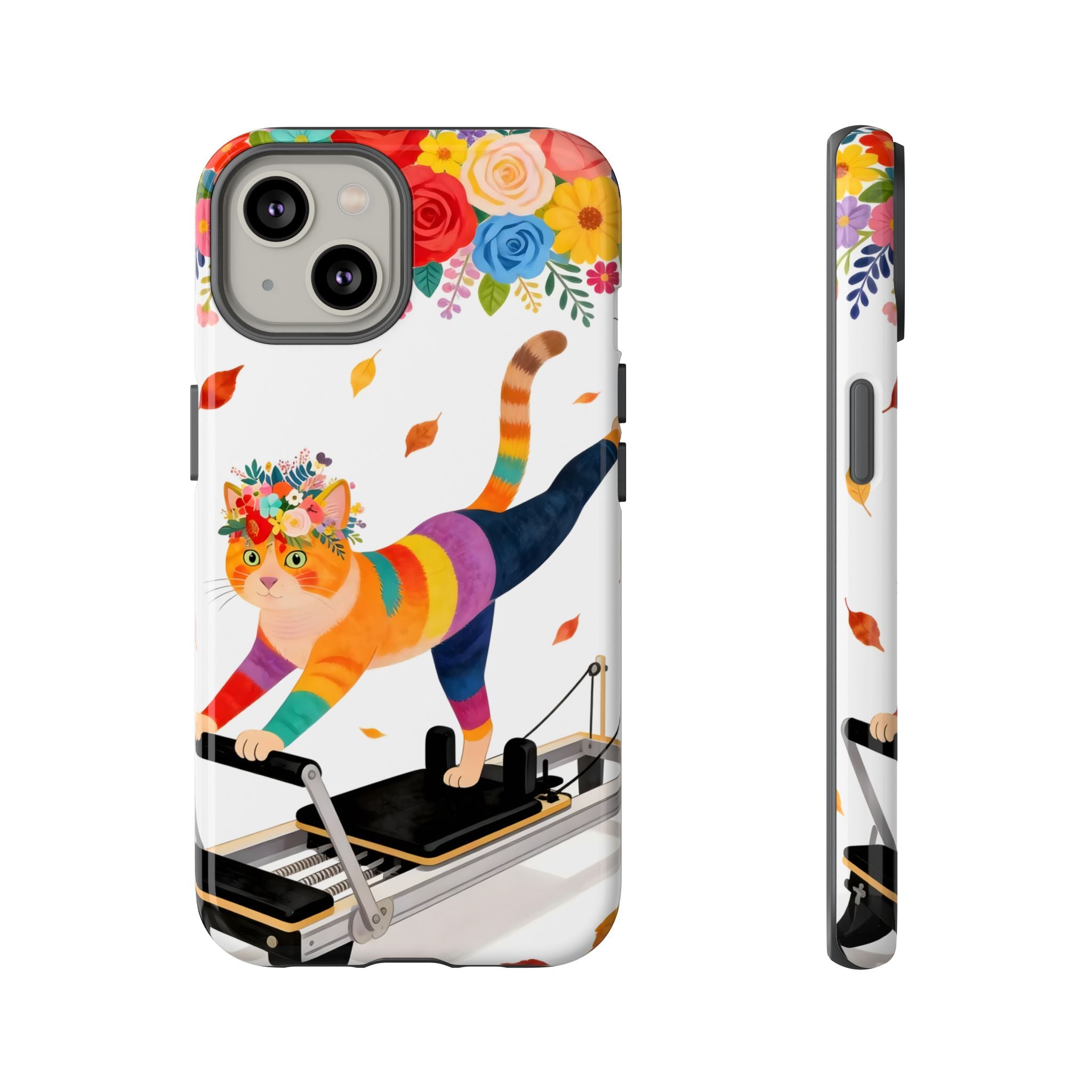 Cat Pilates iPhone Case | Floral Rainbow Cat on Reformer