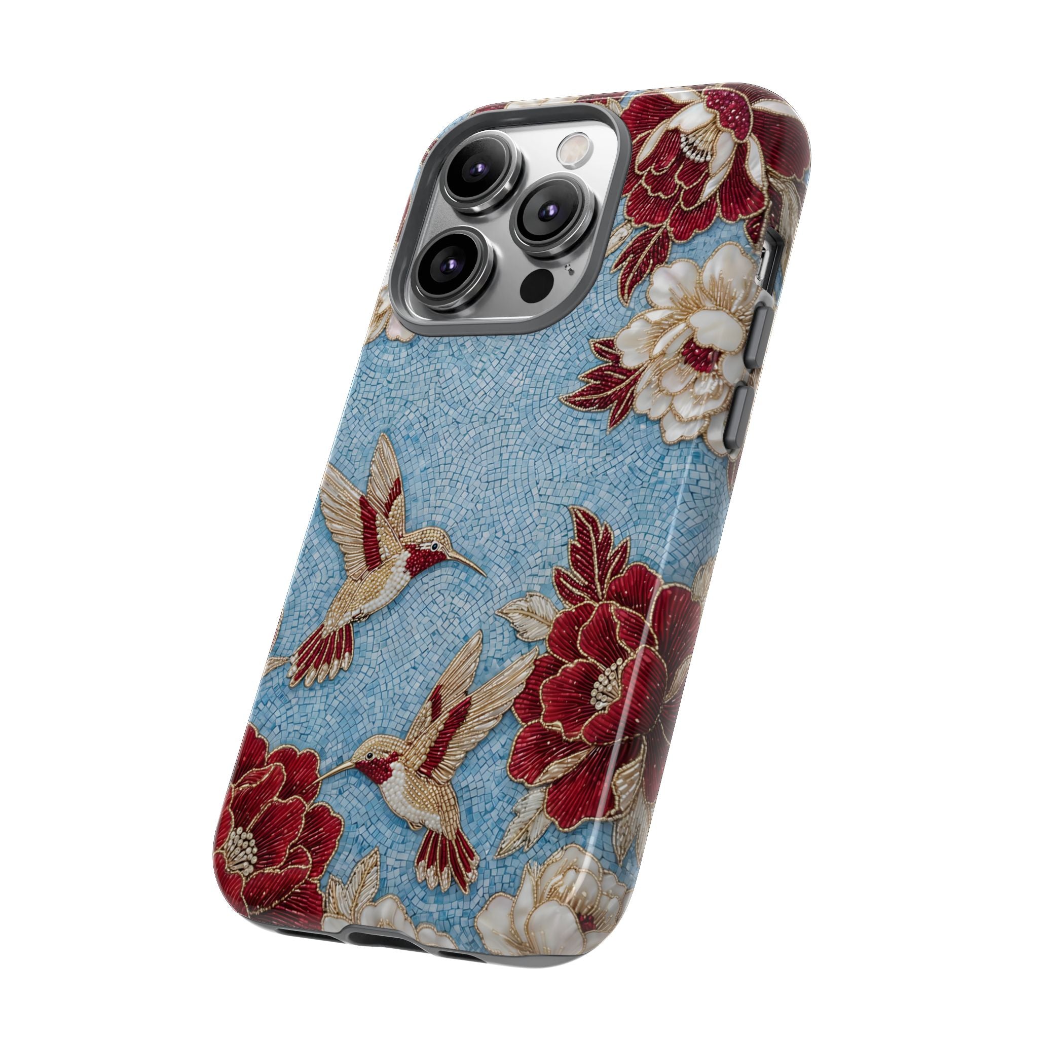 Floral Hummingbird Tough iPhone Case | Vintage Blue & Burgundy Botanical Design