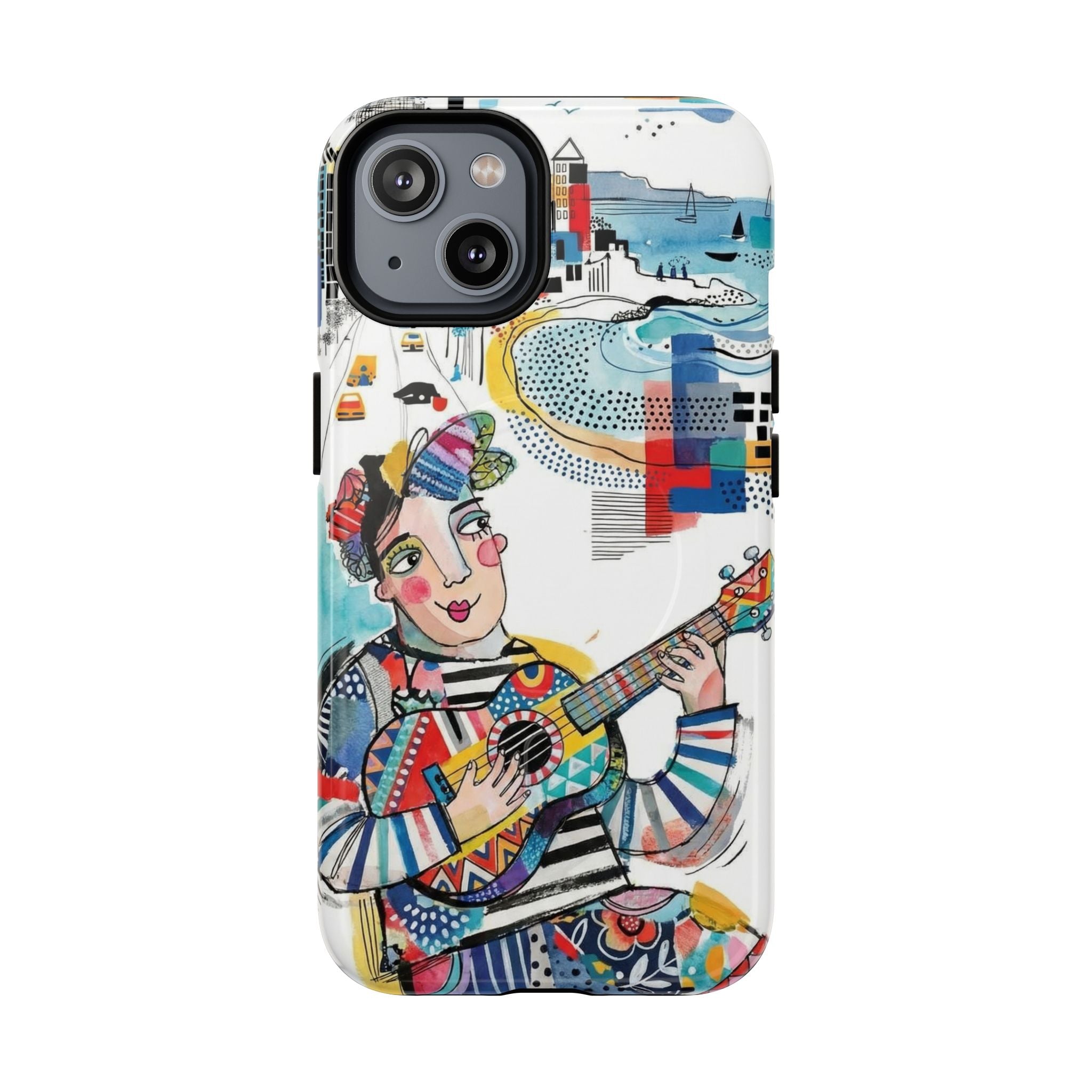 Artistic Musician MagSafe iPhone Case | Colorful Guitar Cityscape Tough Case
