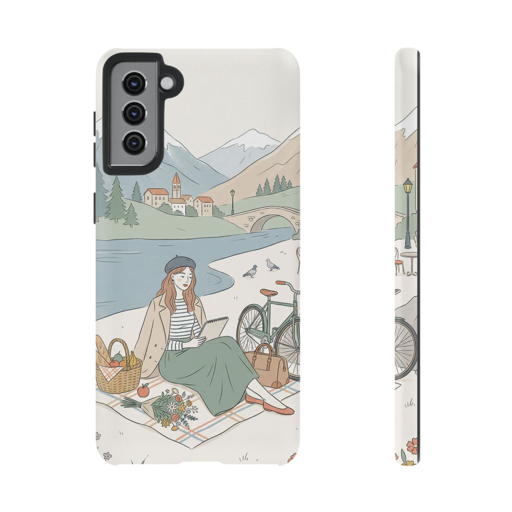Scenic Picnic Samsung Galaxy Phone Case | Vintage Bicycle & Mountain Illustration
