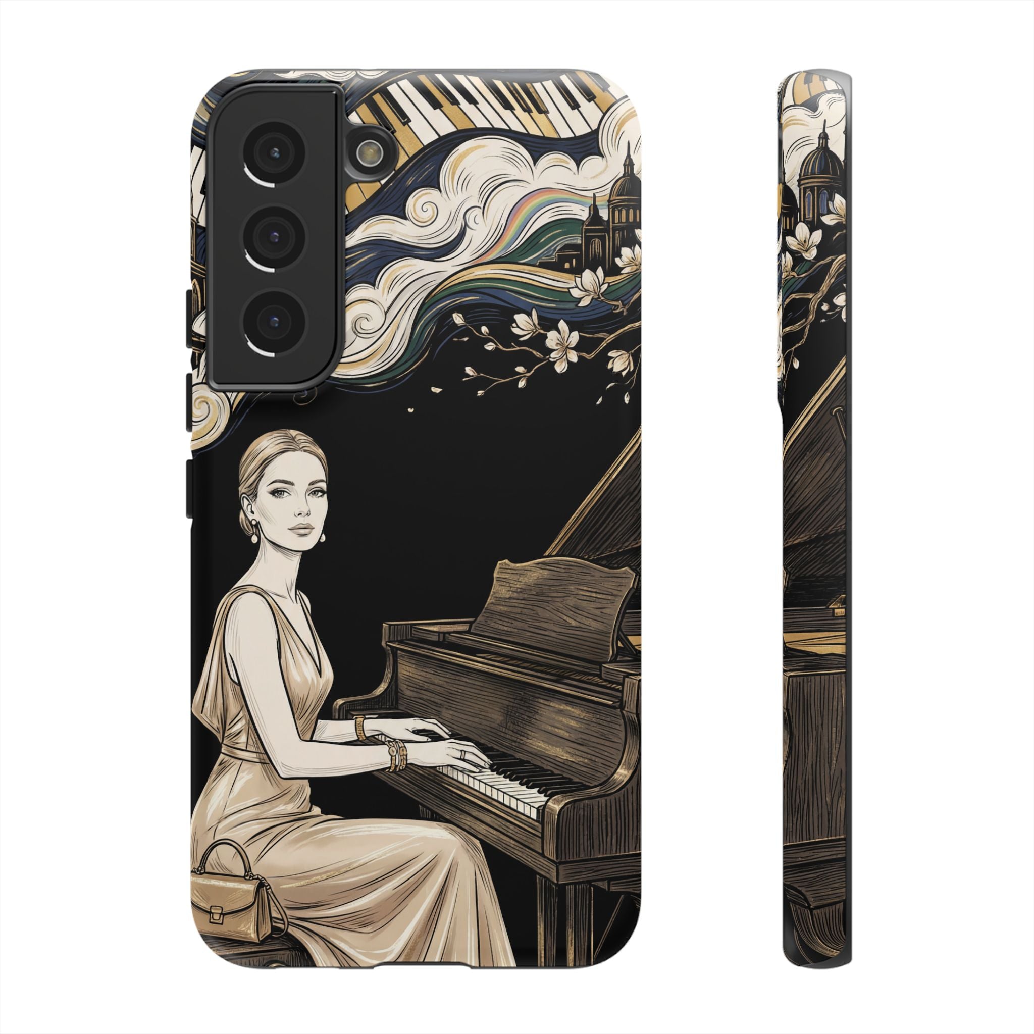 Elegant Piano Woman Samsung Galaxy Phone Case | Vintage Art Deco Music Design