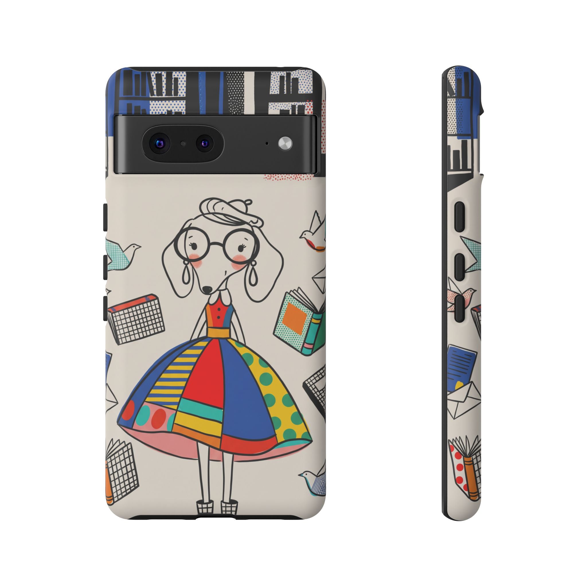 Cute Dachshund Dog Illustration Google Pixel Phone Case | Colorful Whimsical Book & Bird Design