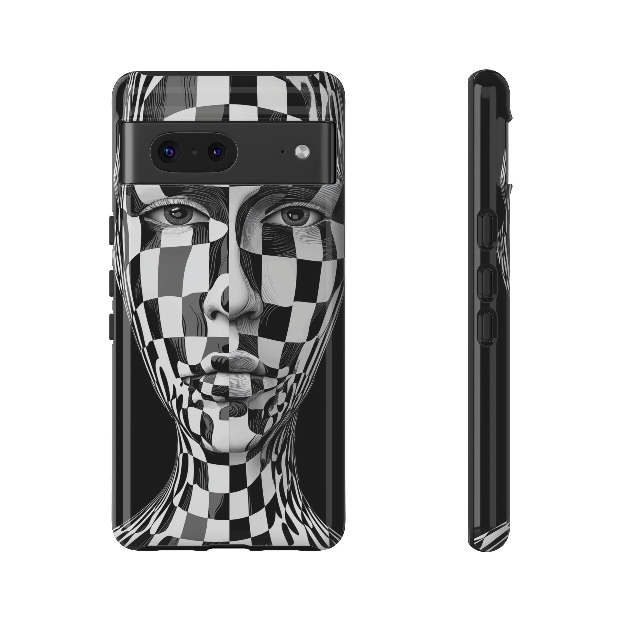 Checkerboard Face Tough Google Pixel Case — Black & White Surreal Art Protective Cover
