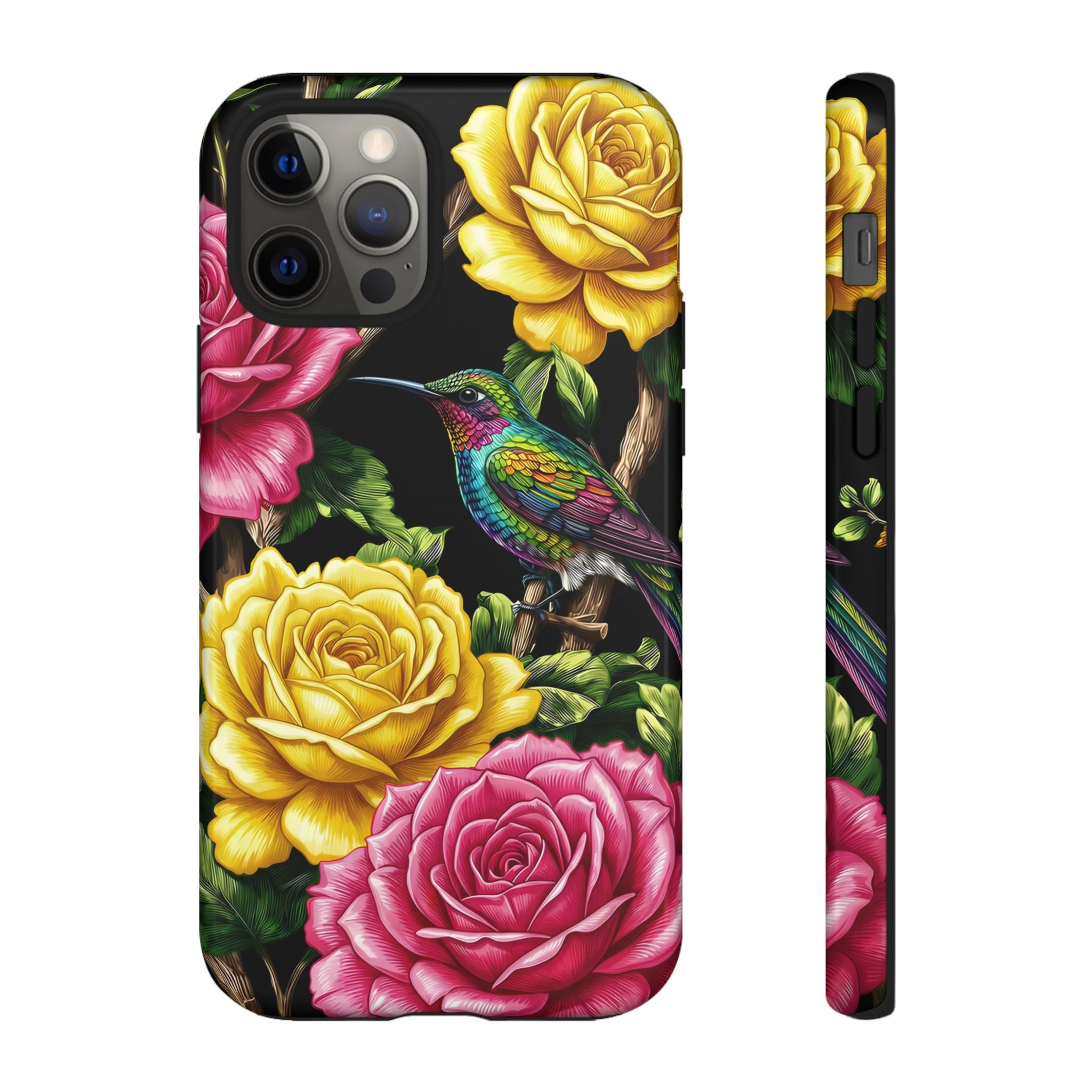 Floral Hummingbird Tough iPhone Case | Vibrant Rose & Yellow Garden Protection