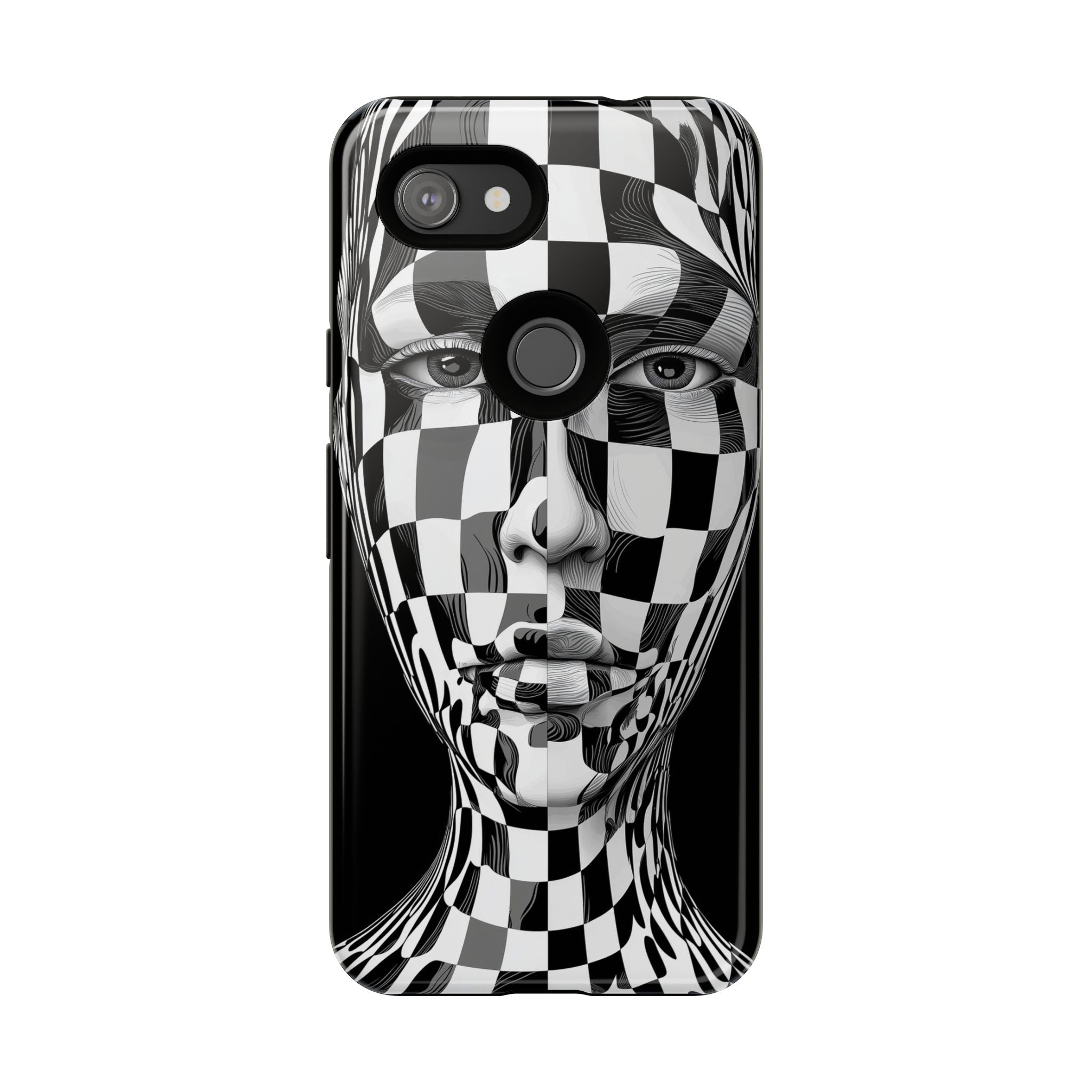 Checkerboard Face Tough Google Pixel Case — Black & White Surreal Art Protective Cover