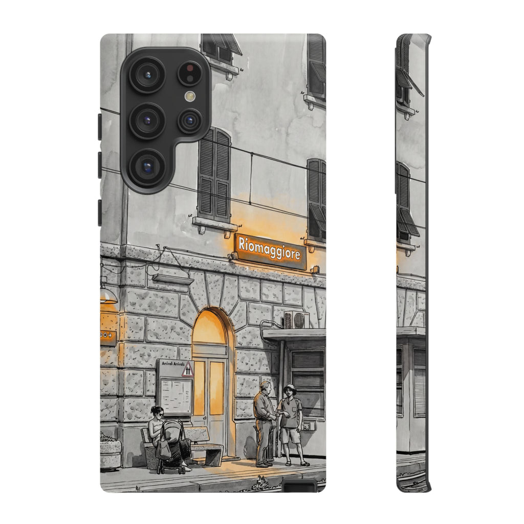 Custodia per Samsung Galaxy con stazione ferroviaria Cinque Terre | Schizzo in bianco e nero con accenti gialli caldi