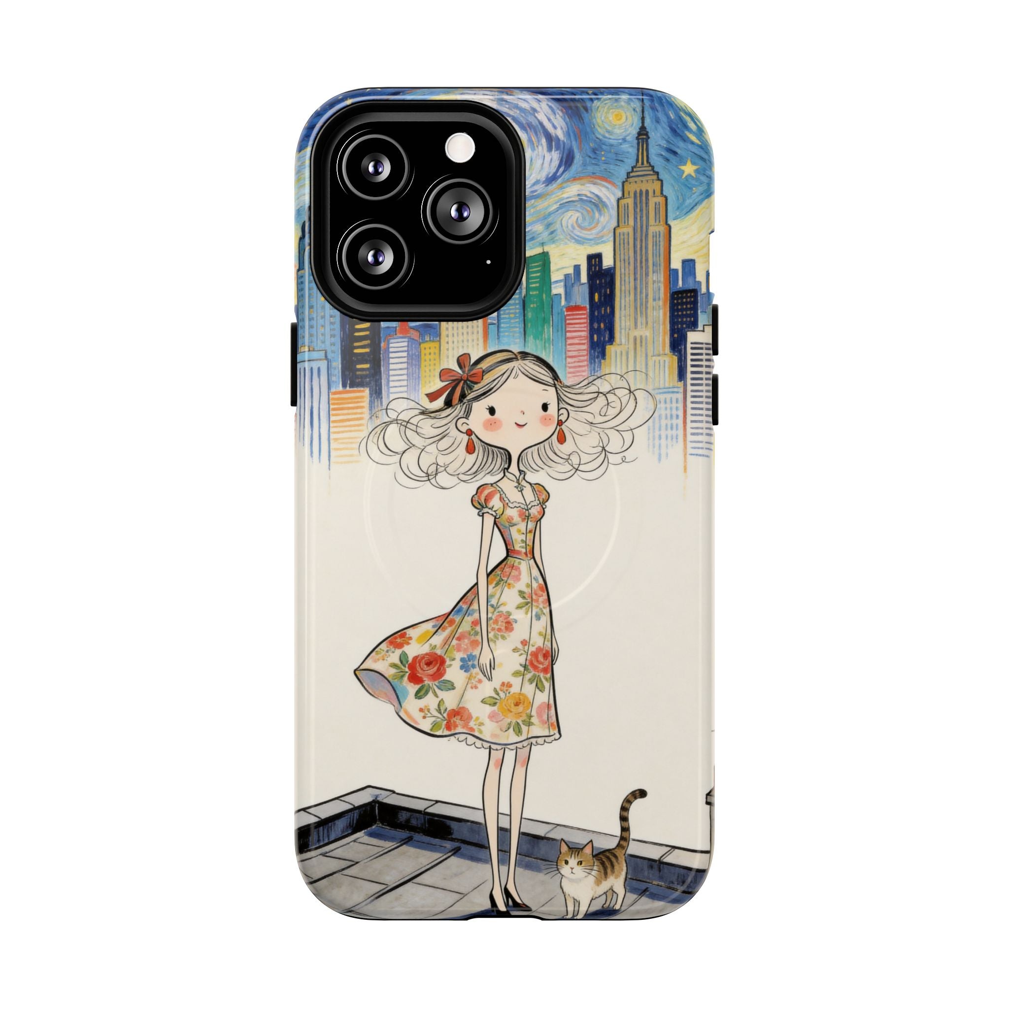 Artistic Girl Cityscape MagSafe iPhone Case | Cute Floral Dress Rooftop Design
