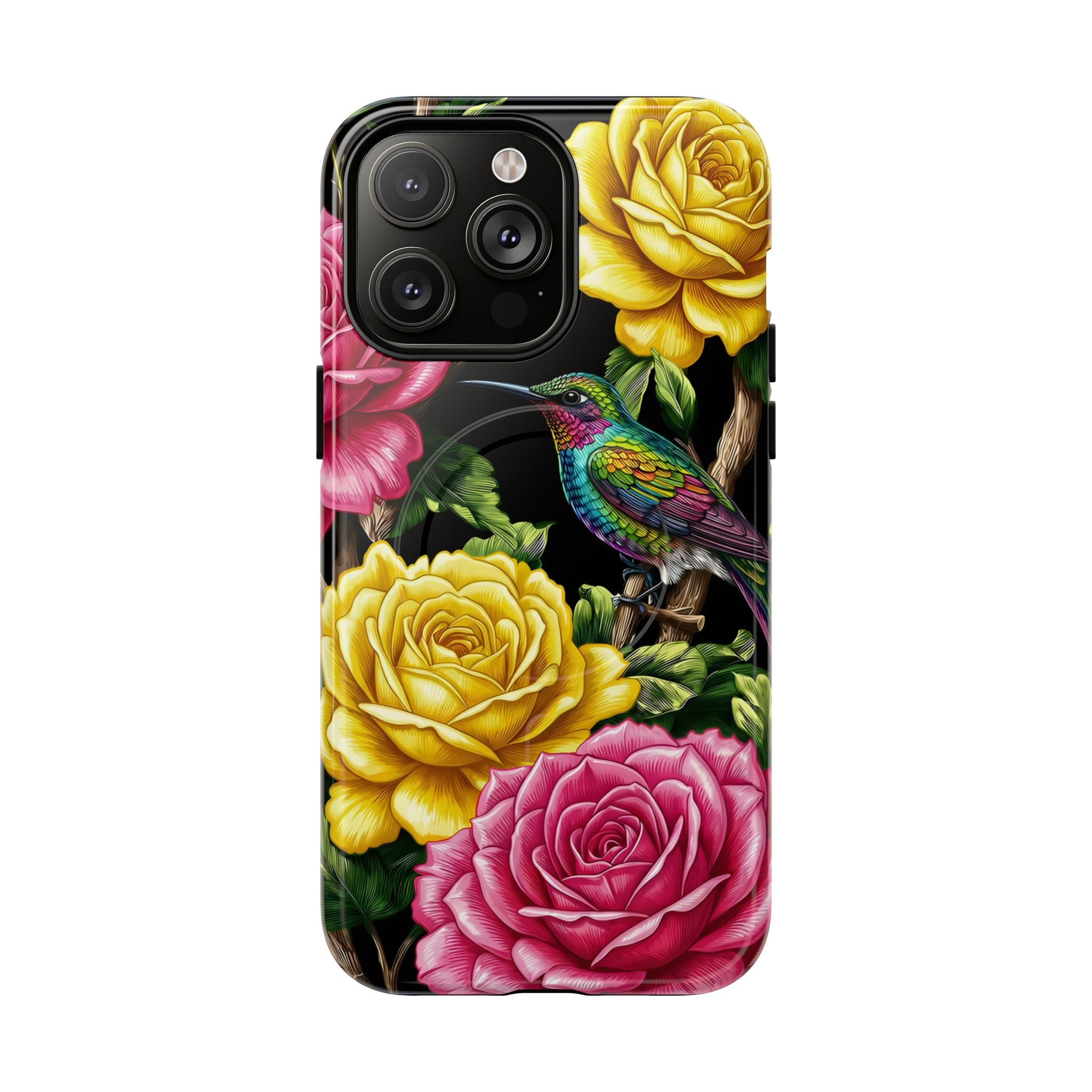 Floral Hummingbird Tough MagSafe iPhone Case | Vibrant Rose & Yellow Garden Protection