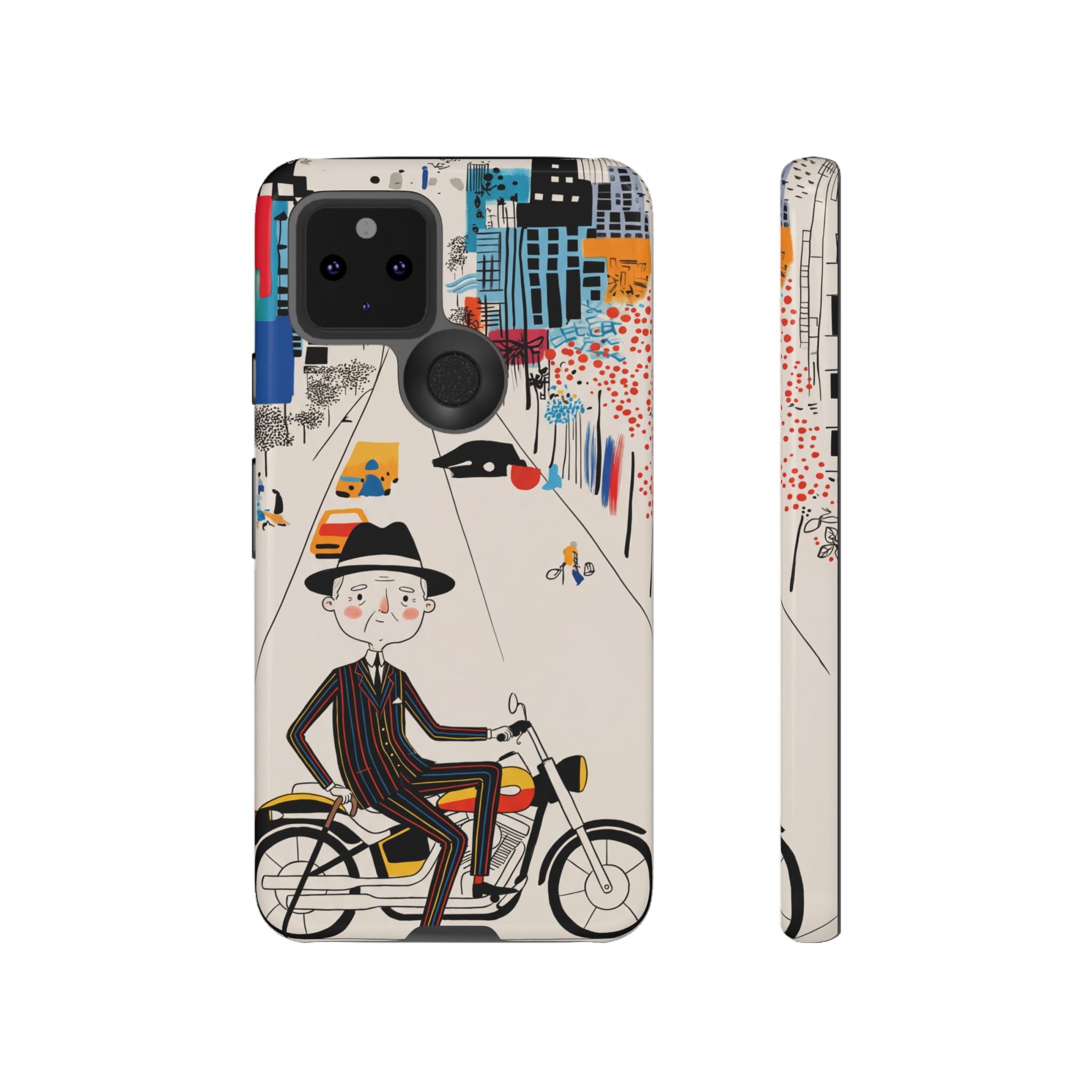 Vintage Grandpa Rider Motorcycle Google Pixel Phone Case | Illustrated Cityscape