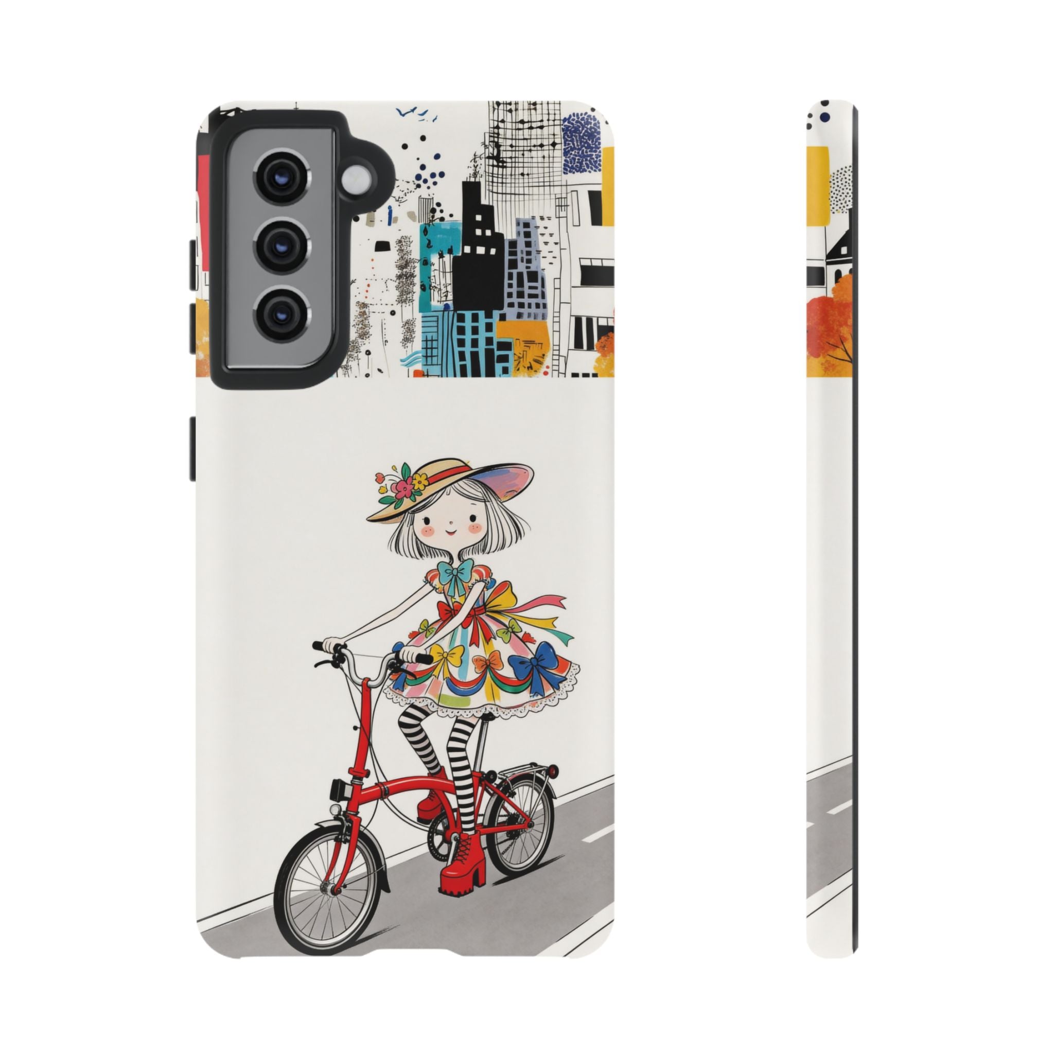Whimsical Girl on Brompton Bicycle Urban Illustration Samsung Galaxy Phone Case