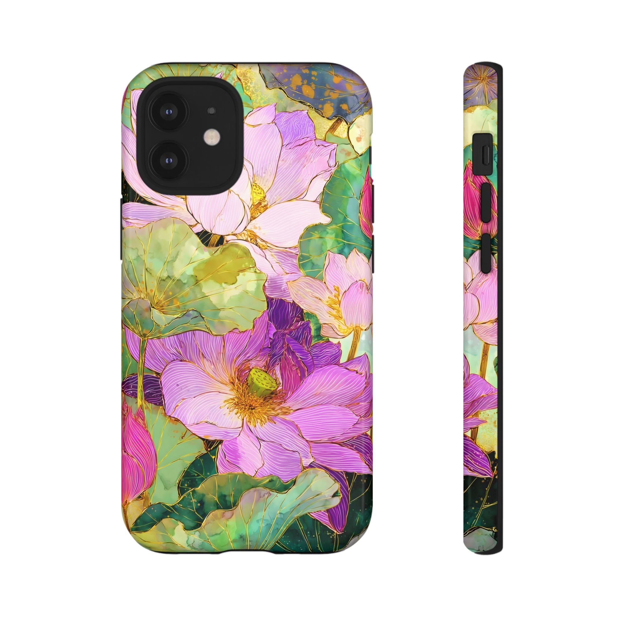 Floral Watercolor Tough iPhone Case | Pink Lotus Garden Protective Cover