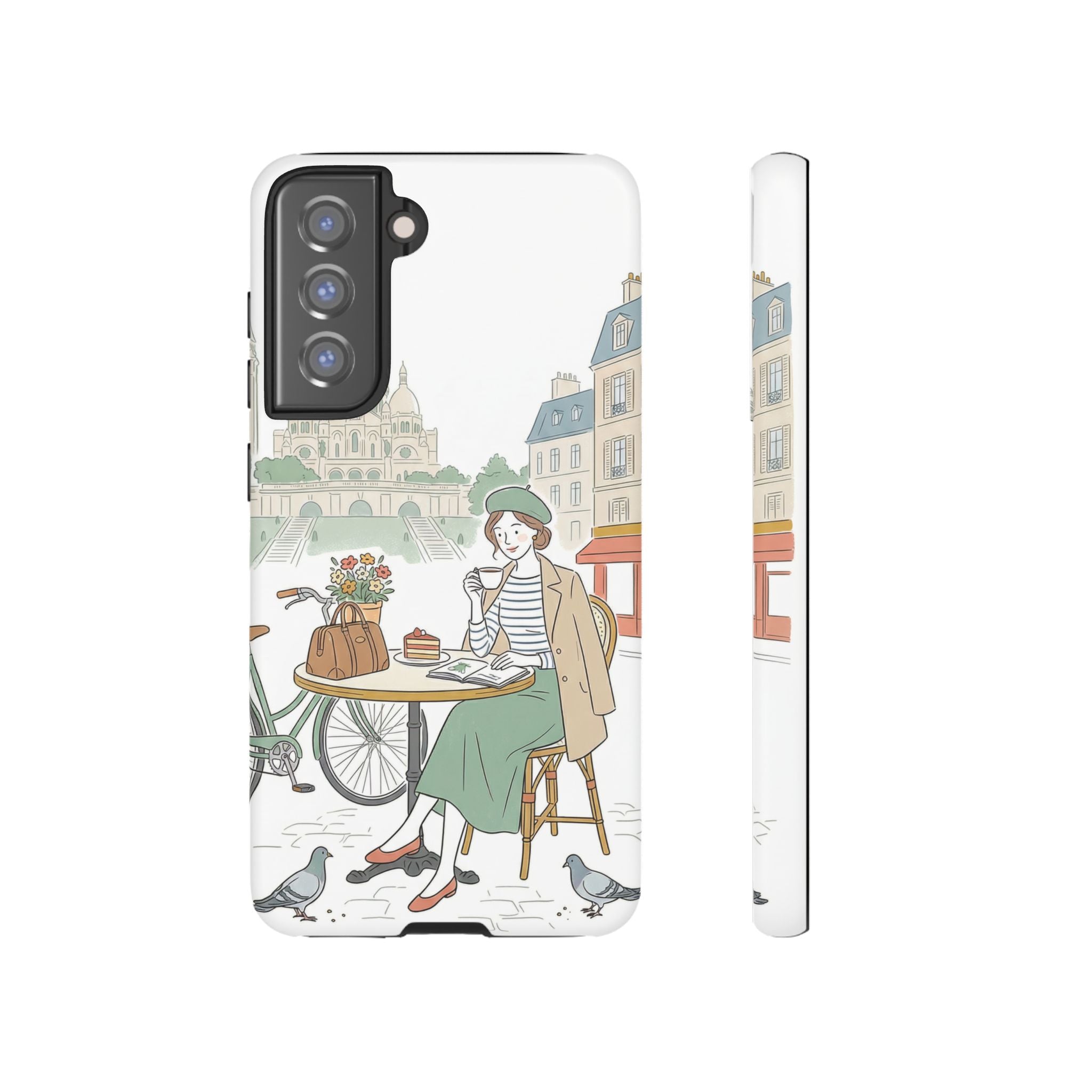 Paris Cafe Illustration Samsung Galaxy Phone Case | Vintage Bicycles & Pigeons Protective Cover