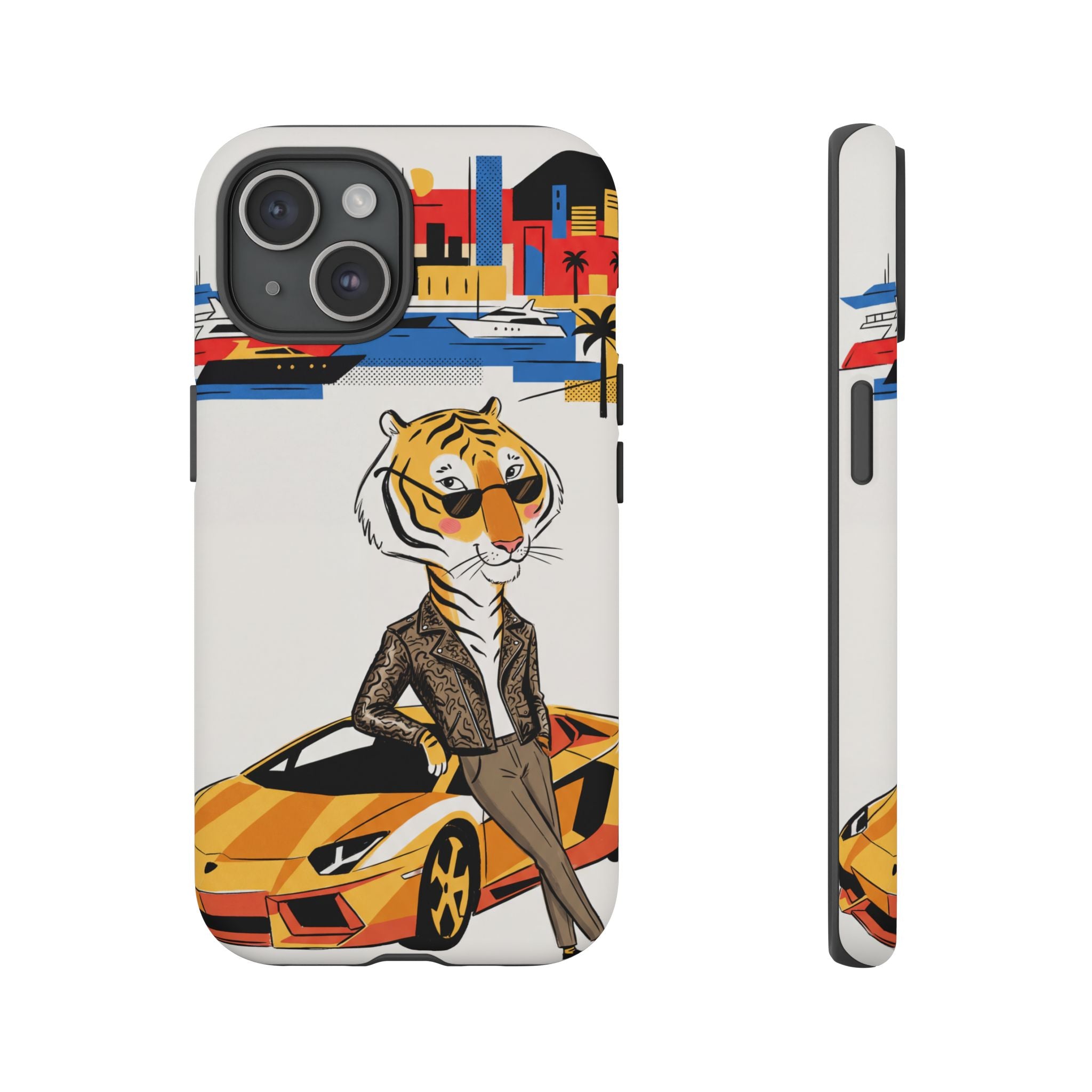 Stylish Tiger with Sports Car Illustration iPhone Case
