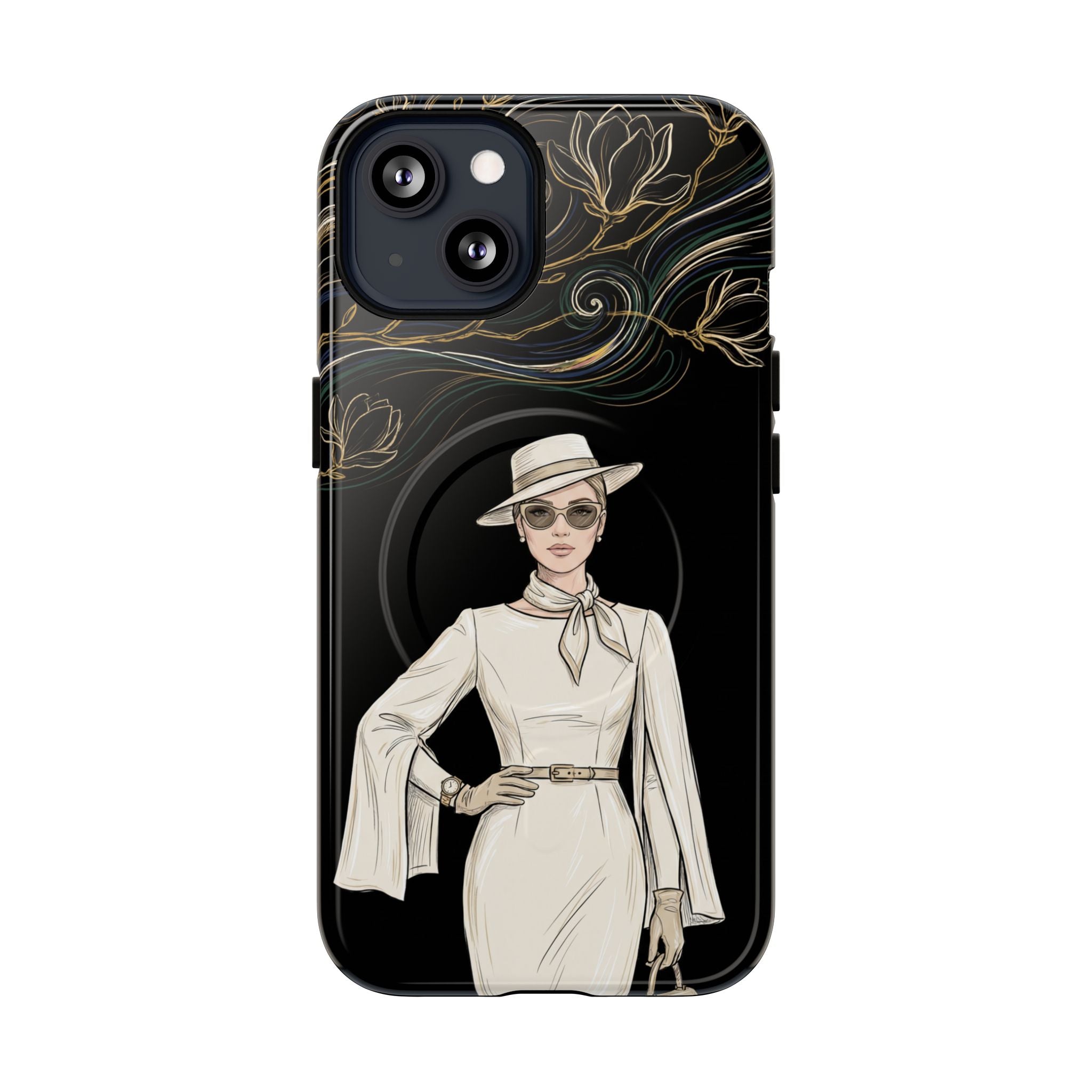 MagSafe iPhone Case | Elegant Vintage Lady with Gold Floral Swirls