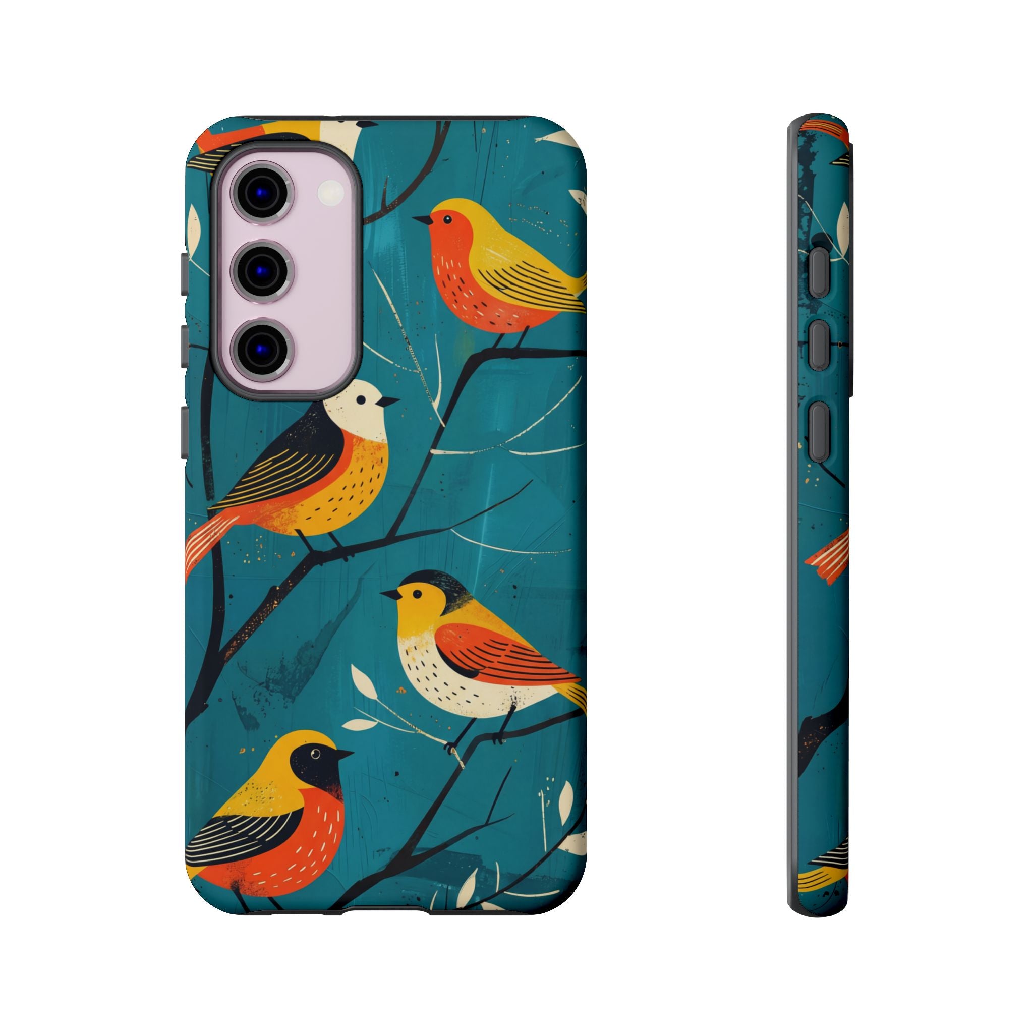 Bird Pattern Tough Samsung Galaxy Phone Case | Colourful Songbirds on Teal Background