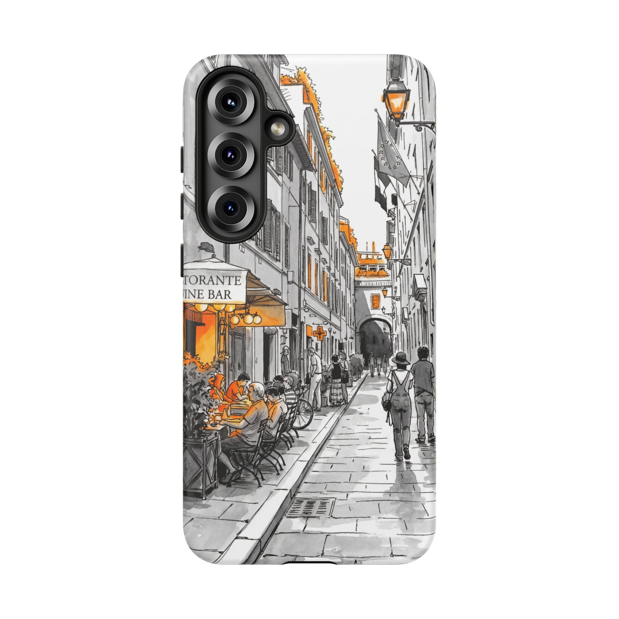Italy Street Samsung Galaxy Case | Black & White Cityscape with Orange Accents