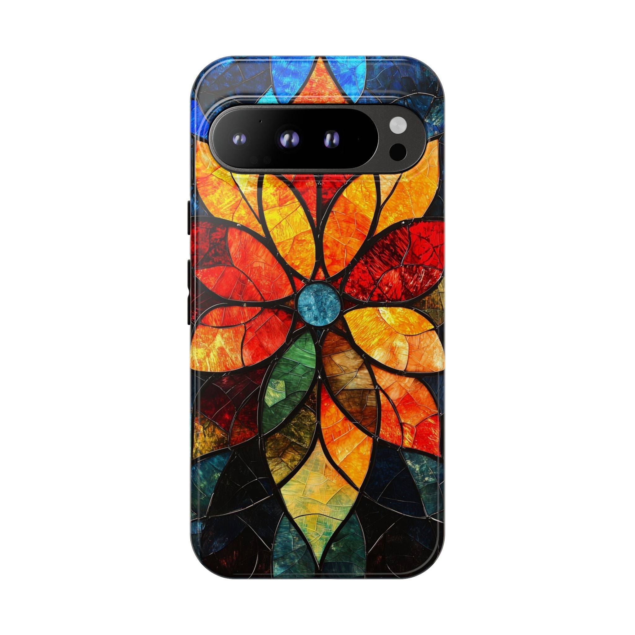 Stained Glass Flower Google Pixel Case — Colorful Mosaic Protective Cover