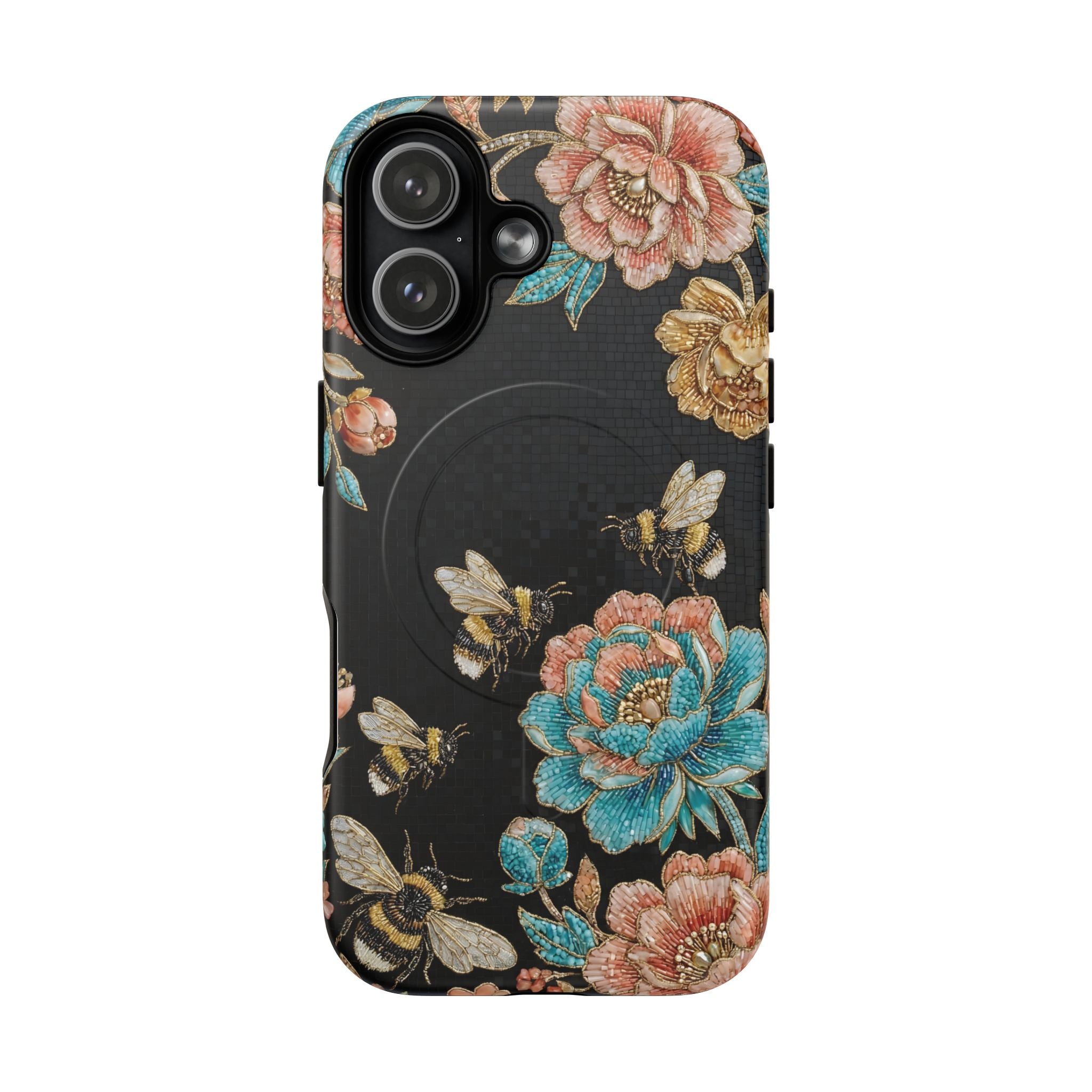 Floral Bees Tough MagSafe iPhone Case | Vintage Rose & Bumblebee Protective Cover