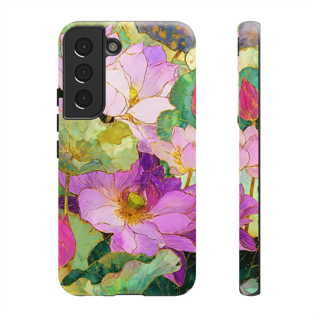 Custodia Protettiva Resistente per Telefono Samsung Galaxy con Acquerello Floreale | Cover Protettiva Giardino di Loto Rosa