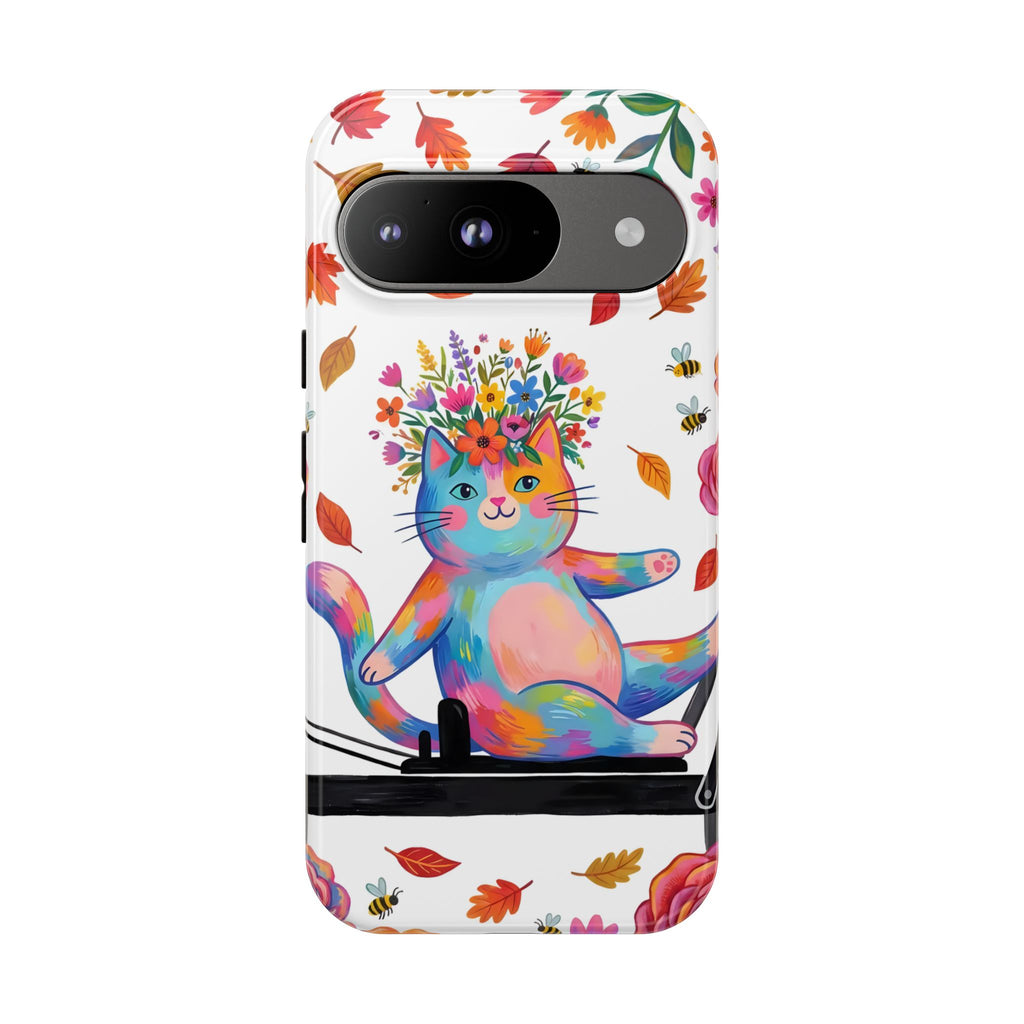 Custodia protettiva per Google Pixel con gatto floreale colorato su Pilates Reformer