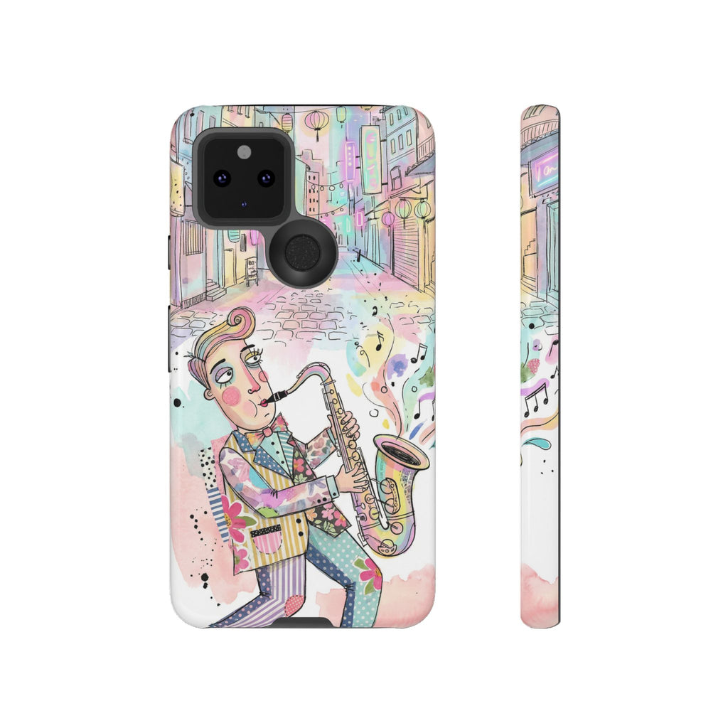 Custodia per telefono Google Pixel "Sax Player Art" | Illustrazione Jazz Stradale Pastello