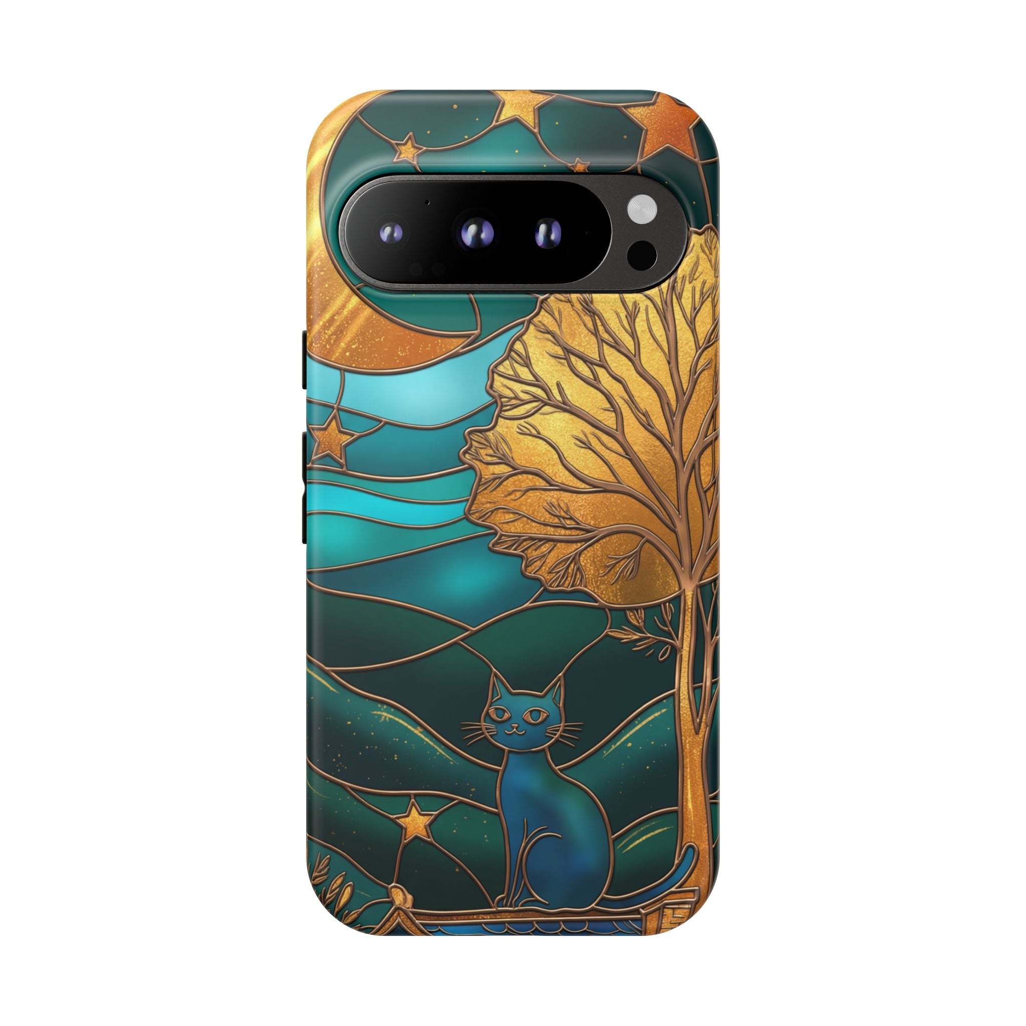 Stained Glass Night Cat Google Pixel Case | Teal & Gold Art Deco Protection