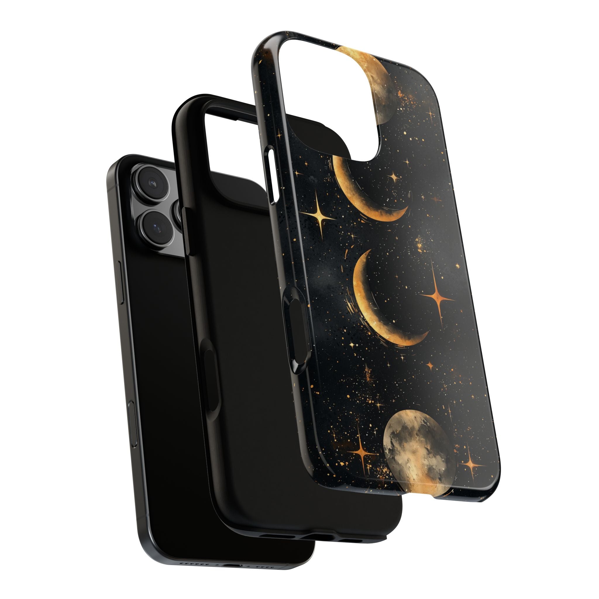 Celestial Moon Phases Tough iPhone Case | Gold Crescent & Full Moon Galaxy Design