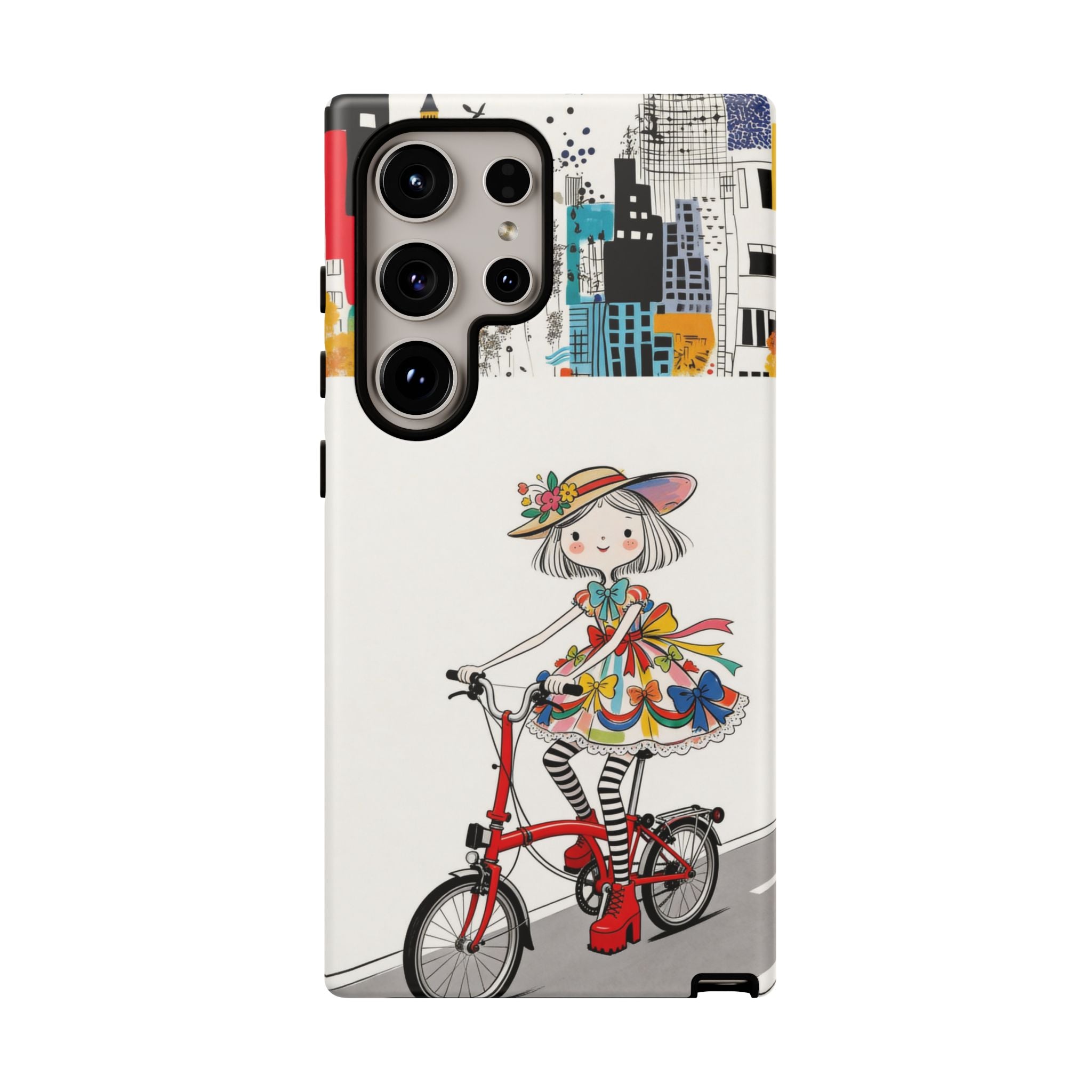 Whimsical Girl on Brompton Bicycle Urban Illustration Samsung Galaxy Phone Case