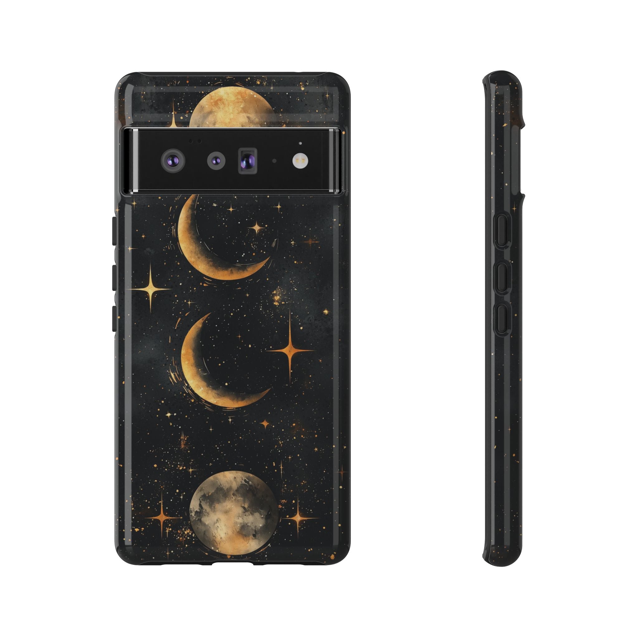 Celestial Moon Phases Tough Google Pixel Case | Gold Crescent & Full Moon Galaxy Design