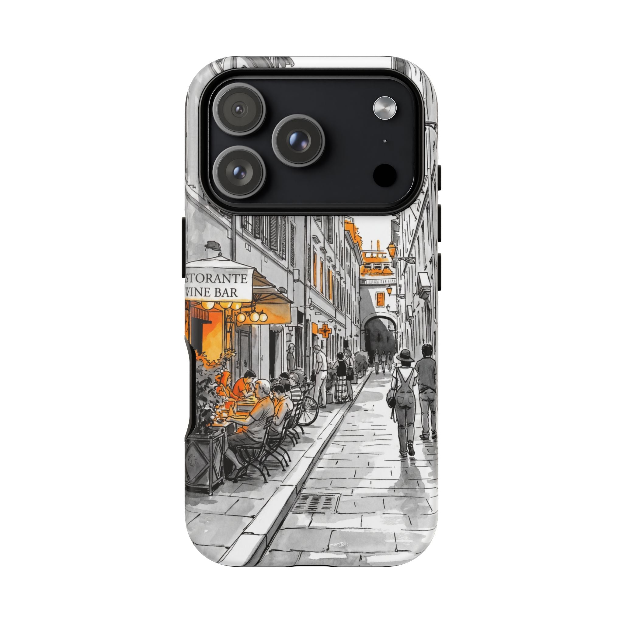 Vintage Italy Street iPhone Case | Black & White Sketch with Orange Accent