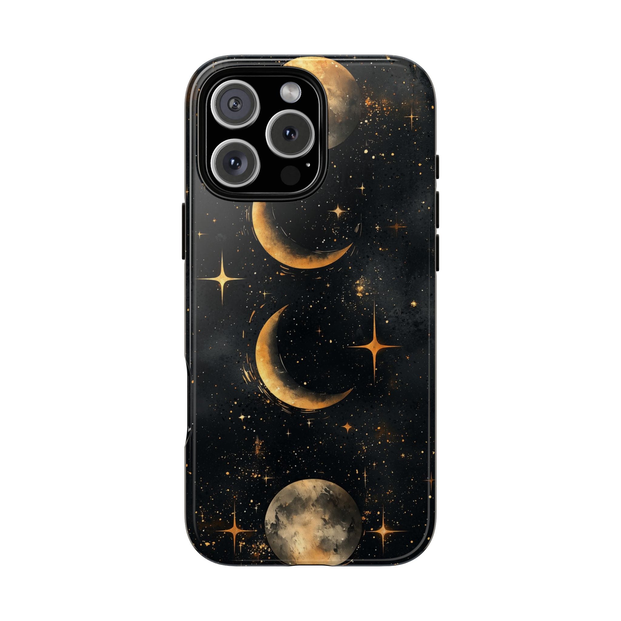Celestial Moon Phases Tough iPhone Case | Gold Crescent & Full Moon Galaxy Design