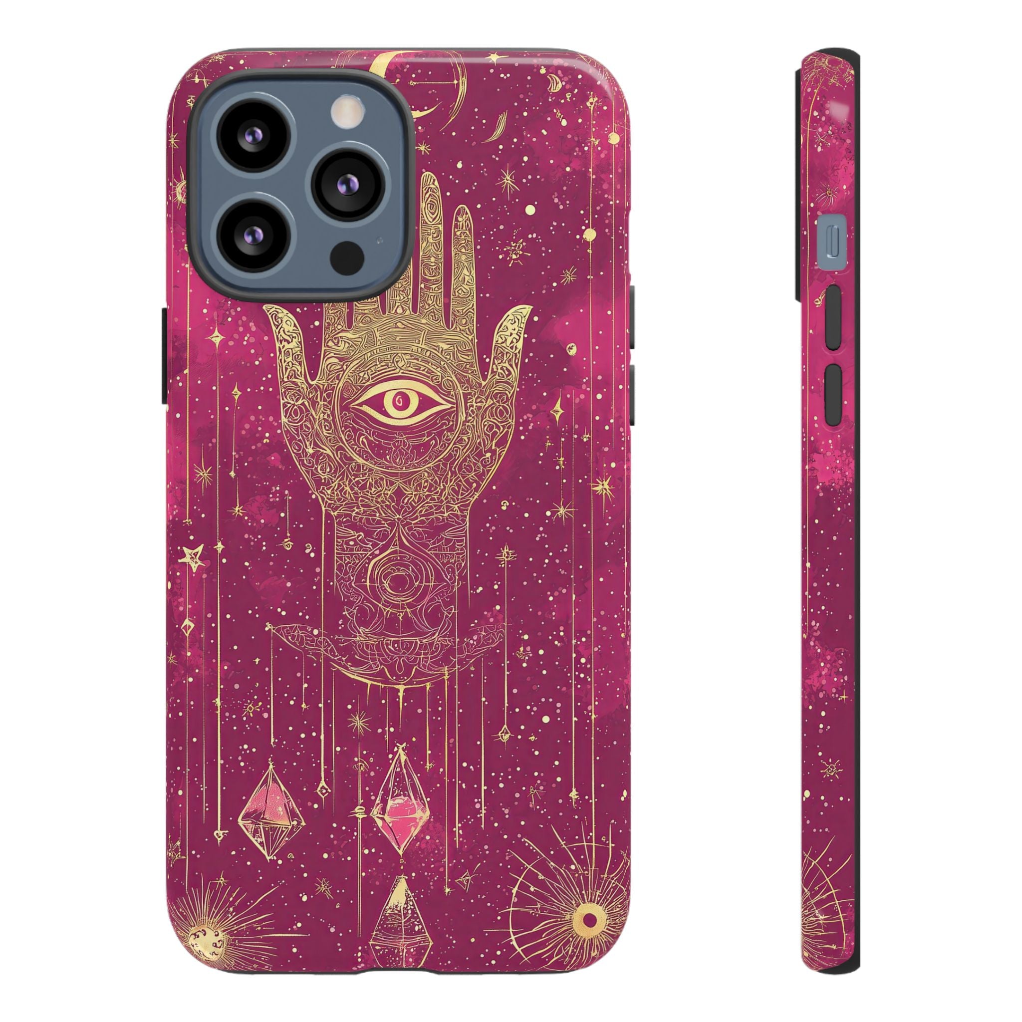 Mystic Hamsa iPhone Case | Gold Palm & All-Seeing Eye on Magenta Galaxy