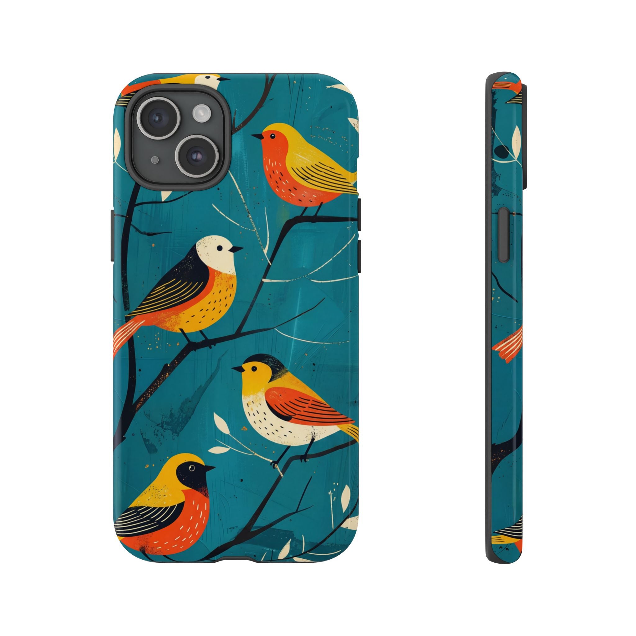 Bird Pattern Tough iPhone Case | Colourful Songbirds on Teal Background