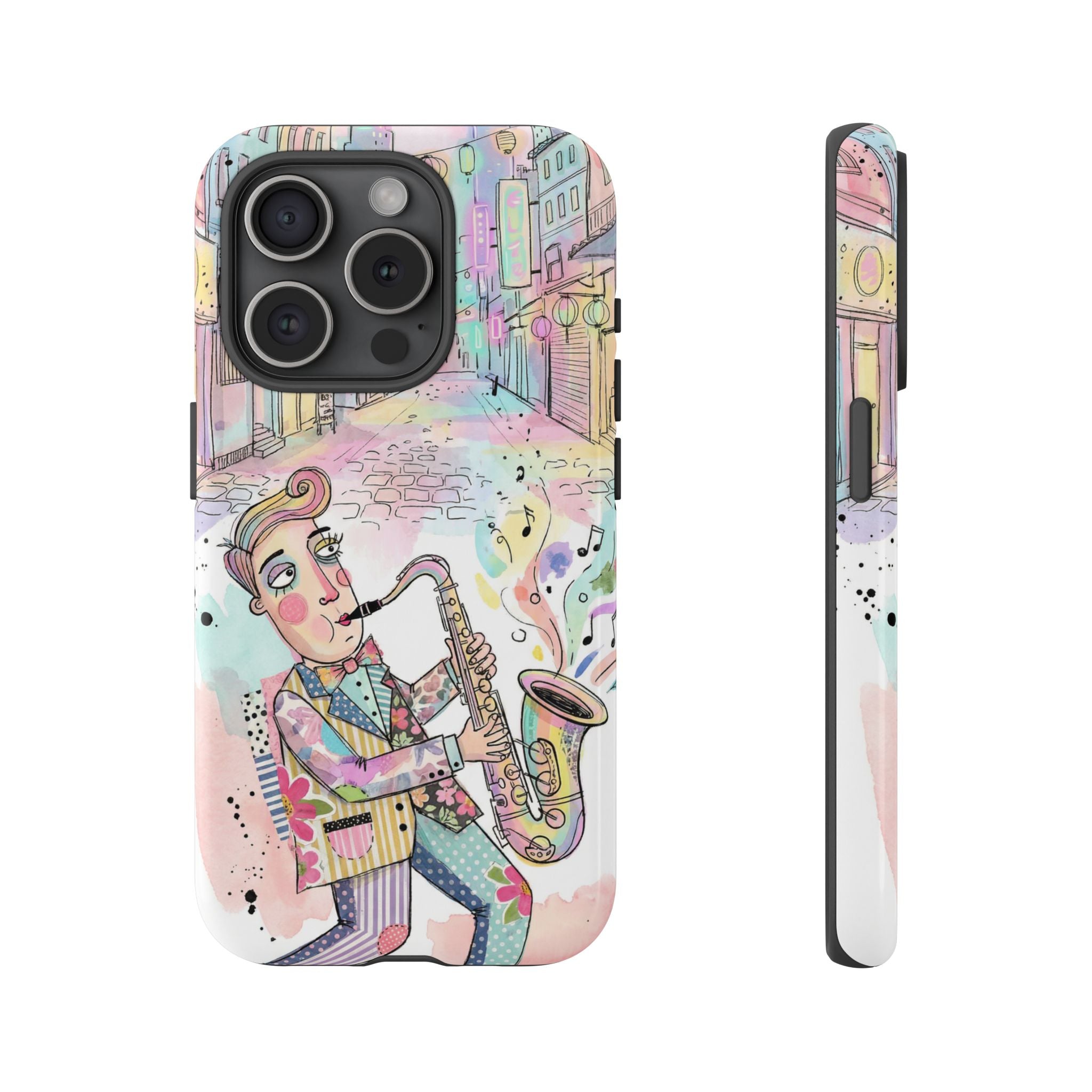Sax Player Art iPhone Case | Pastel Jazz Street Illustration