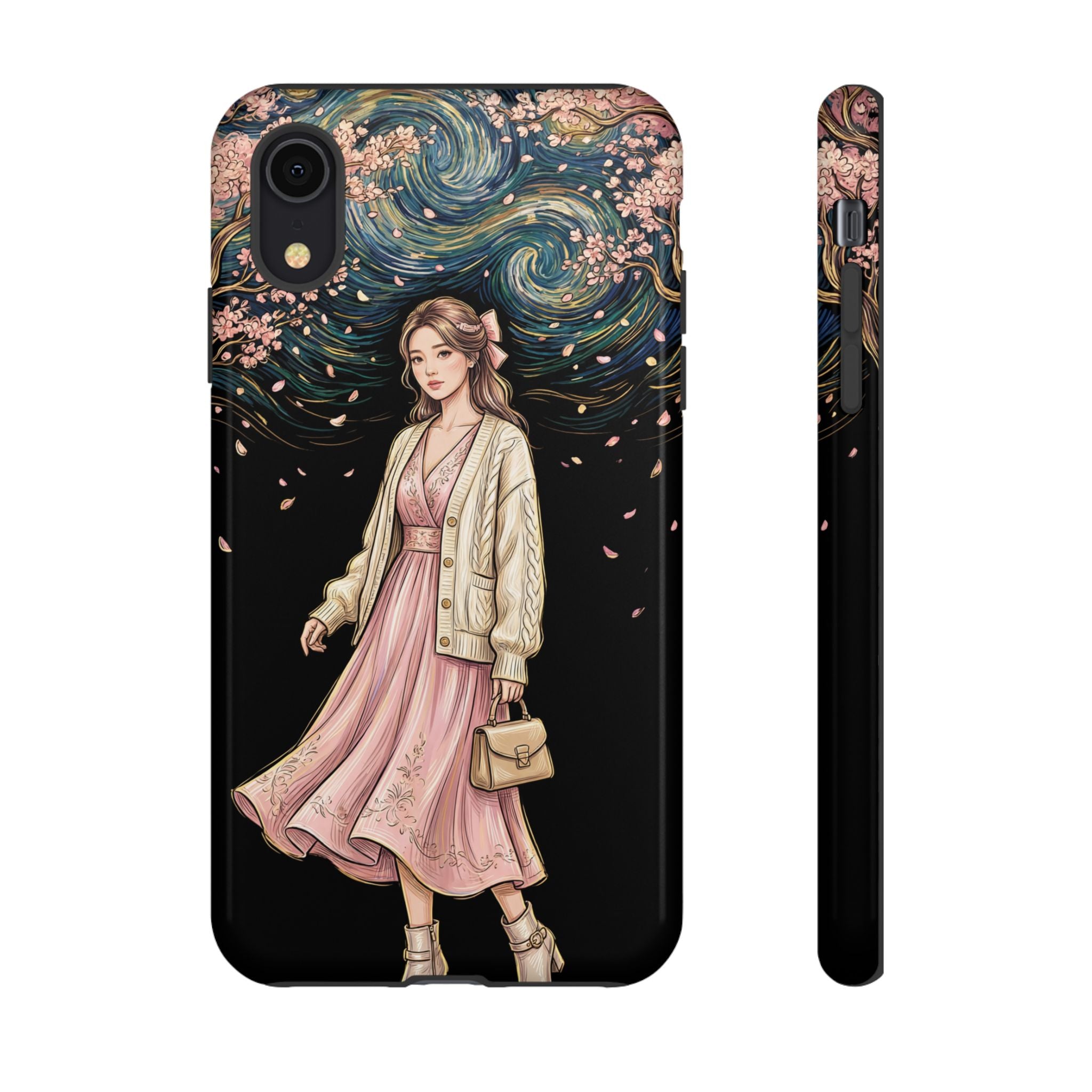 Floral Starry Night iPhone Case | Elegant Girl in Pink Dress