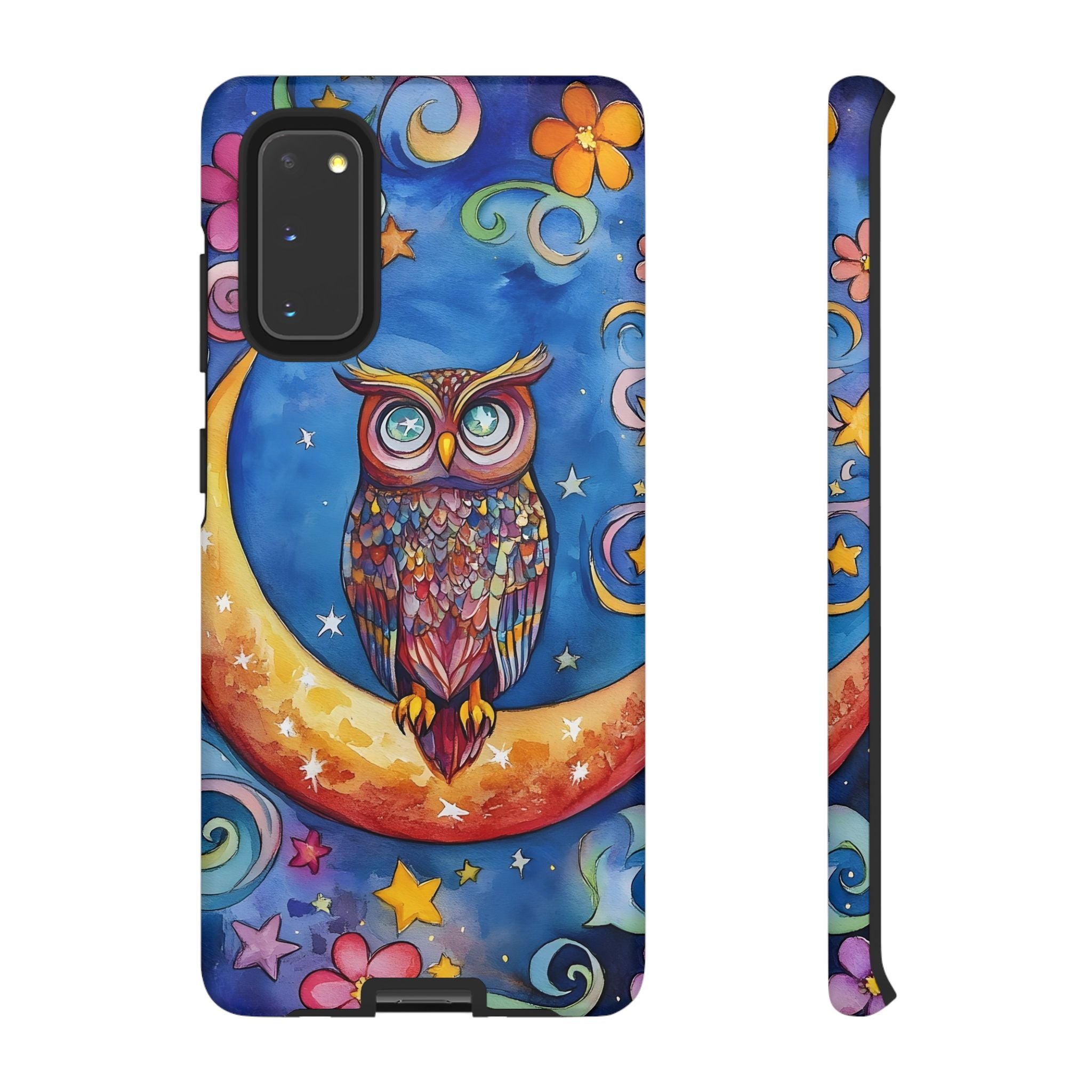 Owl on Crescent Moon Samsung Galaxy Case — Colourful Whimsical Night Sky Design